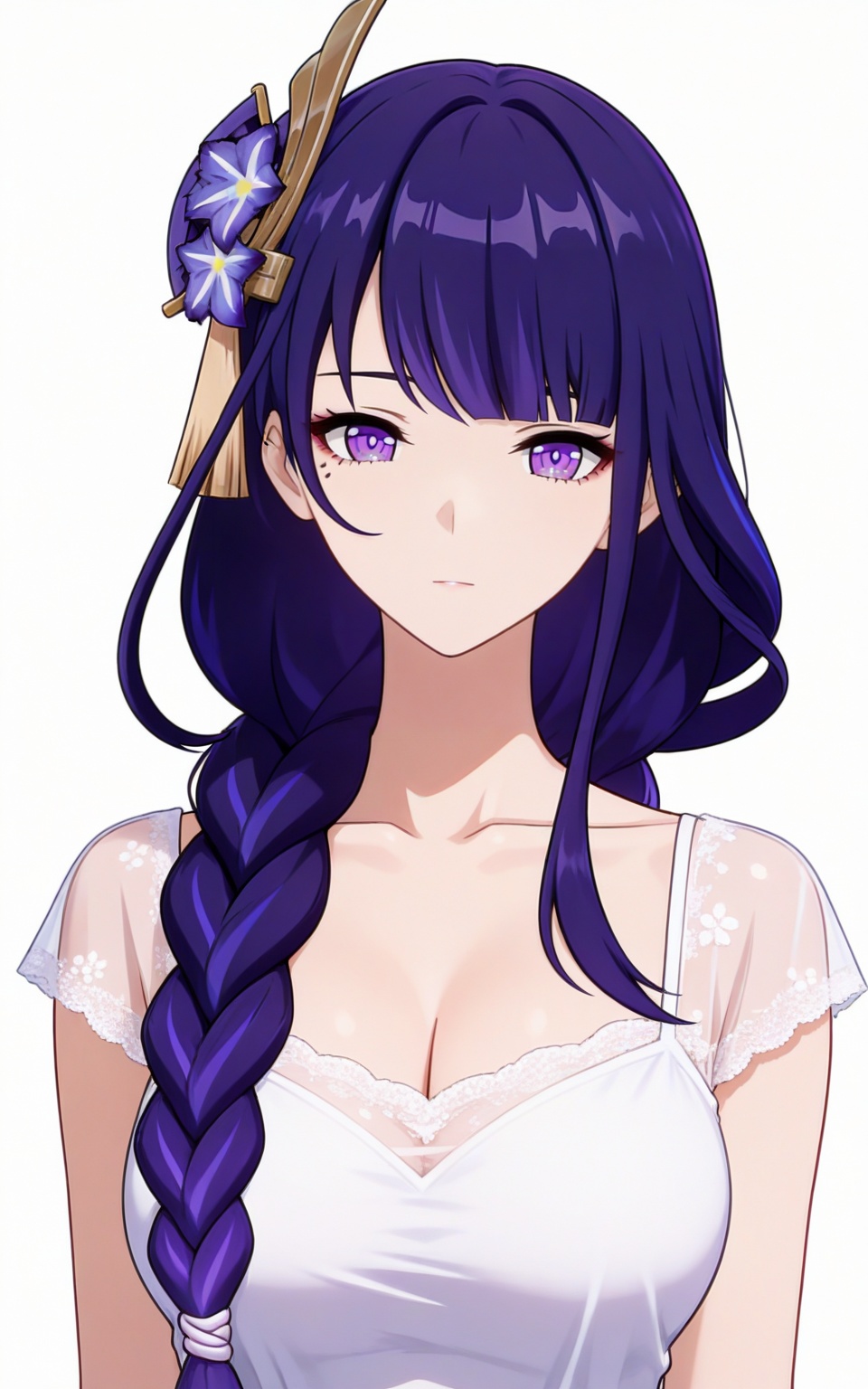 depth of field,masterpiece,best quality,very aesthetic,alternate costume,alternate costume,2024,2023,perfect composition,ultra-detailed,extreme aesthetic,masterpiece,best quality,good quality,newest,year 2024,year 2023,very aesthetic,absurdres,looking_at_viewer,colorful,white_background,simple background,upper_body,see-through,dress,<lora:雷电将军·衣服百搭款ILL:0.8>,raiden shogun,purple hair,long hair,braided ponytail,hair flower,hair_ornament,mole under eye,purple eyes,purple flower,blunt bangs,