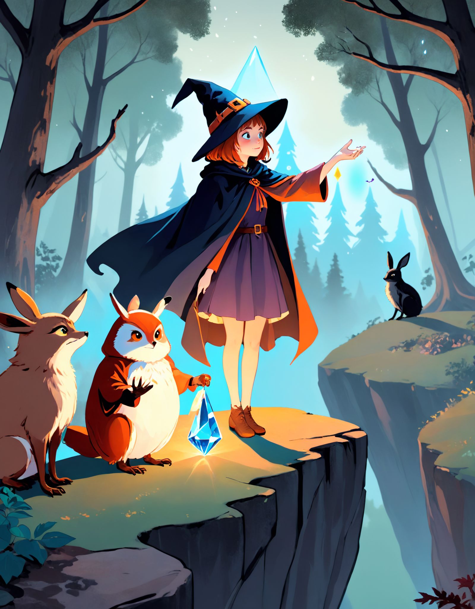 {Illustration} of Irina from "The Journey of the Witch",  a young witch wearing a pointed hat and a cloak,  standing on a...