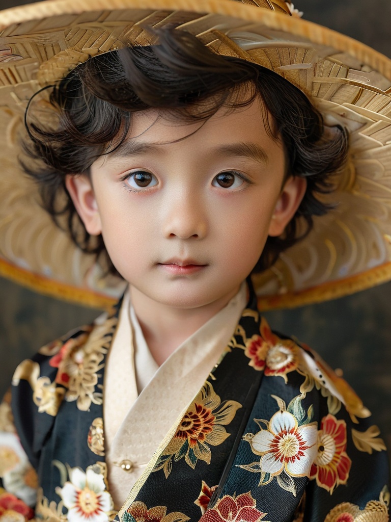 ertong, child, 1boy, portrait, close-up, Asian, traditional attire, floral patterns, kimono, ornate hat, straw hat, vintage style, artistic, detailed fabric, high resolution, intricate design, soft lighting, natural light, indoor, serious expression, sharp focus, full frame, headshot, delicate features, curly hair, cultural clothing,<lora:ertong_1-000008-Copy1:0.9>,