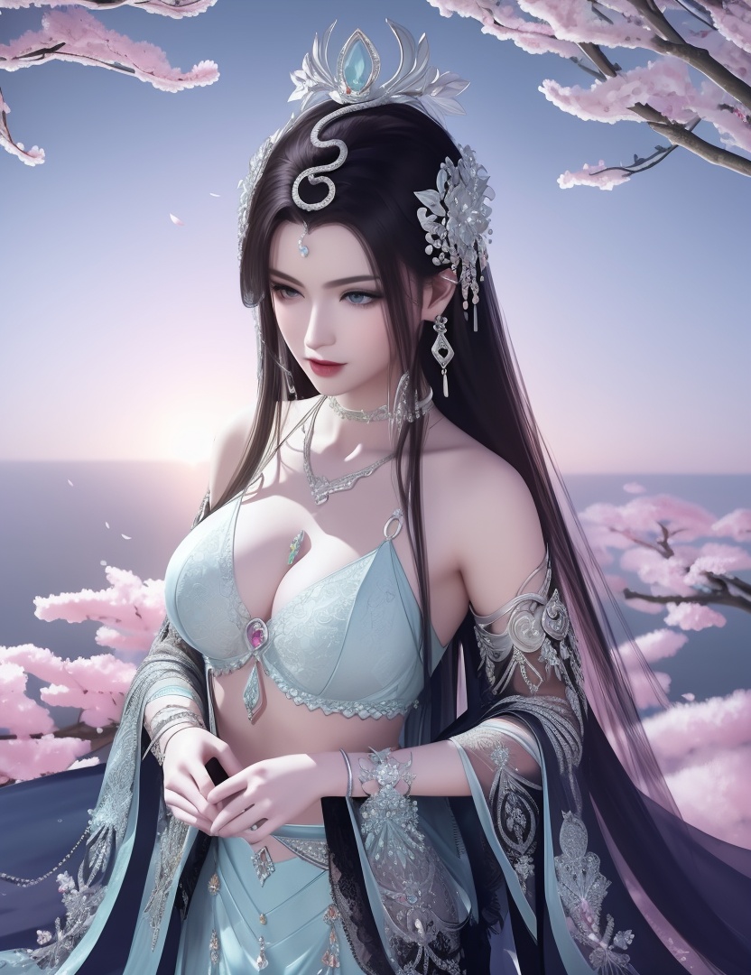 ultra realistic 8k cg, picture-perfect face, flawless, clean, masterpiece, professional artwork, famous artwork, cinematic lighting, cinematic bloom, perfect face, beautiful face, fantasy, dreamlike, unreal, science fiction , beautiful clothes, lace, lace trim, lace-trimmed legwear,  (rich:1.4), prestige, luxury, jewelry, diamond, gold, pearl, gem, sapphire, ruby, emerald, intricate detail, delicate pattern, charming, alluring, seductive, erotic, enchanting, hair ornament, necklace, earrings, bracelet, armlet,halo((,1girl, pov,))  (((1girl, solo,spring \(season\),cherry blossoms, large breasts,  looking_at_viewer ,chest jewel,  )))    <lora:DA_NSH_XLZH:0.6>