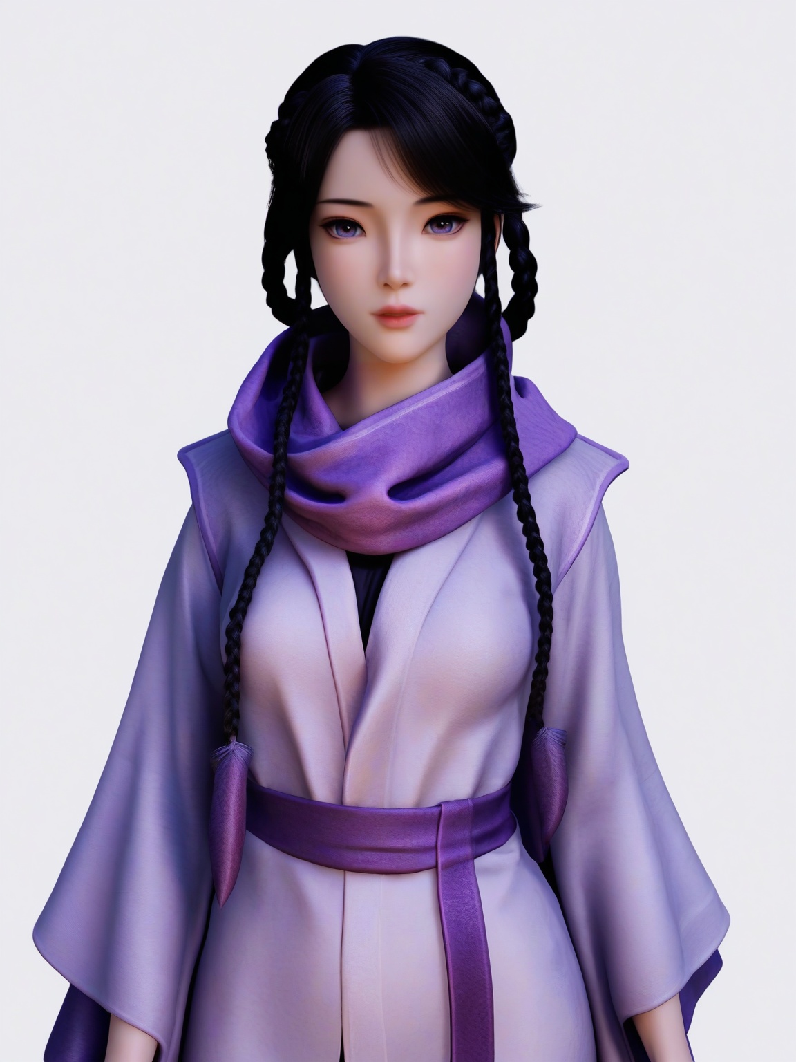score_9,black hair,lips,1girl,medium breasts,clothes,bangs,braid,multiple braids,solo,purple eyes,robe,scarf,purple scarf,looking at viewer,white background,simple background,cowboy shot, <lora:SF_WangNing_Pony_Realism2.3-000003:0.7>,