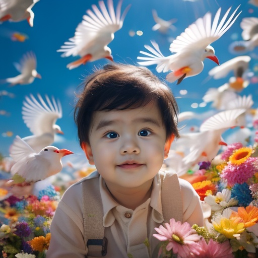 1boy,masterpiece,best quality,In the sky,there are birds flying around him,beautiful face,disney,children's photo,children's photography,Bright light,ripple,Dreamy clouds,Surrounding birds,Surrounding fish，Surrounding birds, <lora:20240513-1715569931489:0.8>