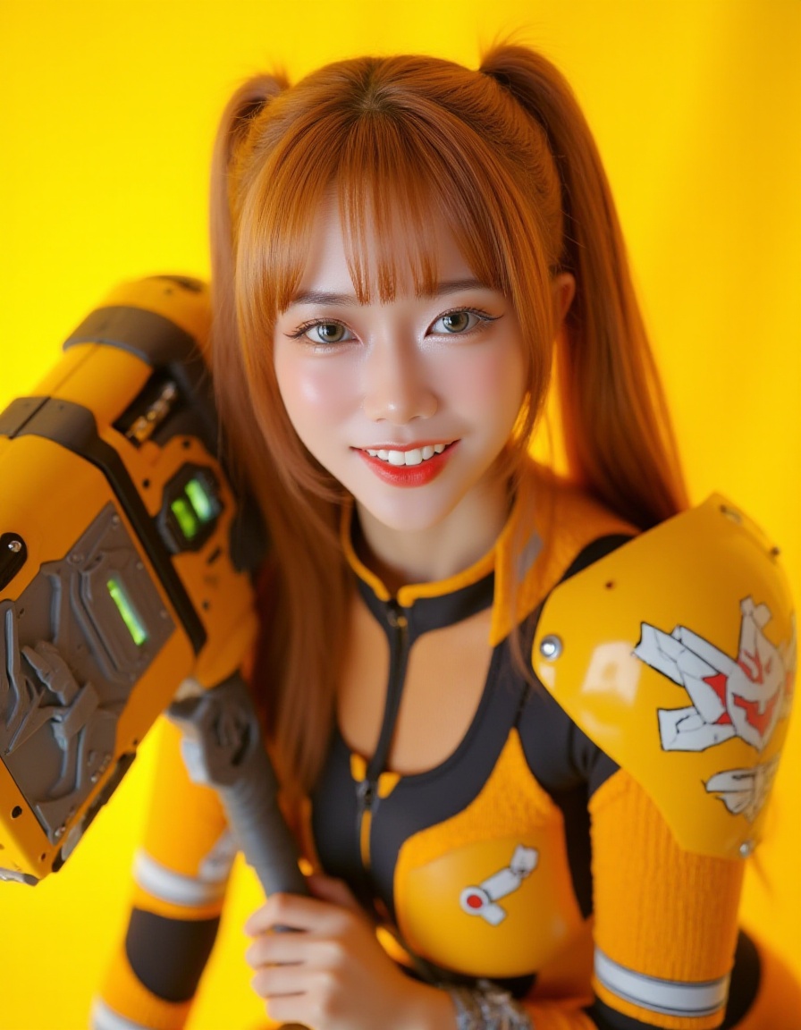 Masterpiece, Top quality, beautiful Korean woman, doll-like face, clean skin, neat honey-brown twintails, bright challenging grin, school jersey-style power suit, armored panels, active pose, giant high-tech warhammer, resting on shoulder, intensely saturated monochromatic citrine-yellow background, POV, high angle, face-focused close-up, looking up at viewer, massive warhammer head, visible behind her, framing face