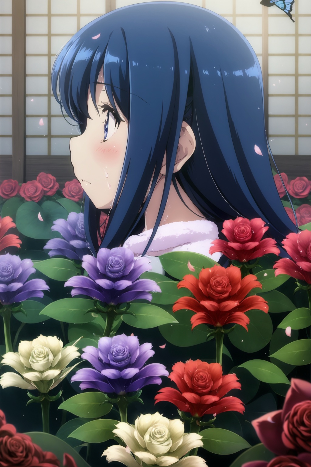 masterpiece, best quality, <lora:tgm-v2:1>,pixiv, 1girl, solo, long hair, butterfly, flower, pink flower, bug, hair dryer, yellow flower, black hair, profile, red flower, towel, floating hair, upper body, orange flower, rose, washing machine, blue butterfly, towel around neck, blue eyes, pink rose, holding, purple flower, blue flower, blush, white flower, red rose, from side, petals, blue hair