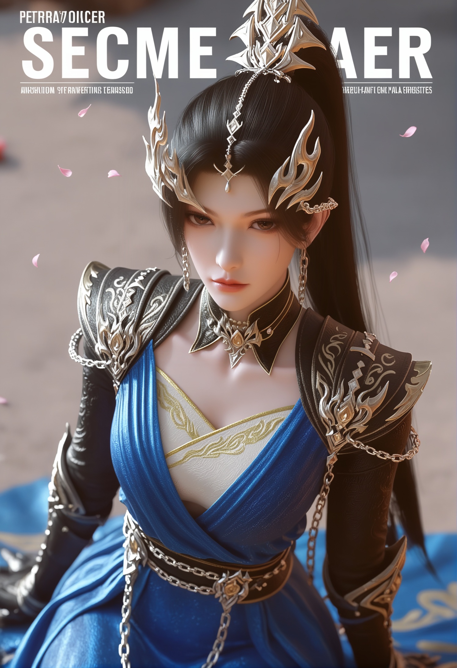 score_9,score_8_up,score_7_up,1girl,solo,sitting,(advertising cover:1.2),(magazine cover theme:1.05),(arms_behind_back:1.3),girl,solo,realistic,dress,blue dress,robe,long dress,armor,full armor,shoulder armor,chain,cape,qq2551213441,mole under eye,mole,clothing cutout,gauntlets,realistic,jewelry,hair ornament,necklace,earrings,collar,metal collar,1girl,solo,realistic,(mature face:1.2),slender face,big eye,shiny_skin,long hair,black hair,ponytail,brown eyes,forehead mark,eyelashes,closed mouth,realistic,(advertising cover:0.9),grey_background,(white_background:0.9),falling petals,(depth of field:1.2),depth_of_field,(looking at viewer:1.1),<lora:小巳-云望舒-踏雪战袍pony:0.85>,