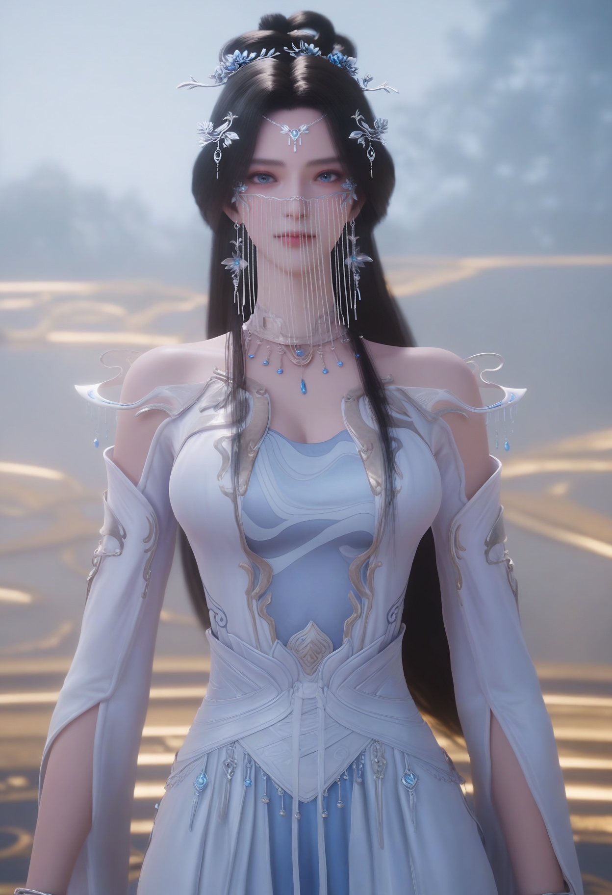 score_9,score_8_up,score_7_up,high detail,best quality,cinematic lighting,volumetric lighting,shiny skin,shiny,1girl,solo,blue eyes,jewelry,breasts,white background,long hair,dress,black hair,mouth veil,hair ornament,bracelet,simple background,white dress,necklace,bare shoulders,closed mouth,looking at viewer,upper body,thighs,<lora:QQSponyanmiaoyiV1:0.8>,<lora:Pony_DetailV2.0:0.8>,<lora:皮肤凹痕:0.1>,