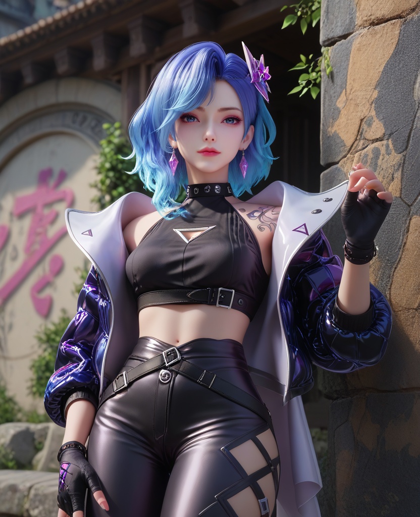 (oriental architecture, elegant decor, sophisticated style:1.1),(Leaning against a graffiti-covered wall, looking cool and urban in a street style pose,:1.1),(breasts:1.2),<lora:XL16克金玩家柳菲:0.95>,miss liufei,atropurpureus jacket,black crop top,blue eyes,blue hair,hair ornament,earrings,gem,black fingerless gloves,tattoo,belt,leggings with built-in heels,, score_9,score_8_up,score_7_up,score_6_up,score_5_up,score_4_up,3d rendering,tag1,tag2, Cinematic Lighting,backlighting,, zPDXL3, zPDXL2,zPDXL, zPDXLxxx, zPDXLrl,