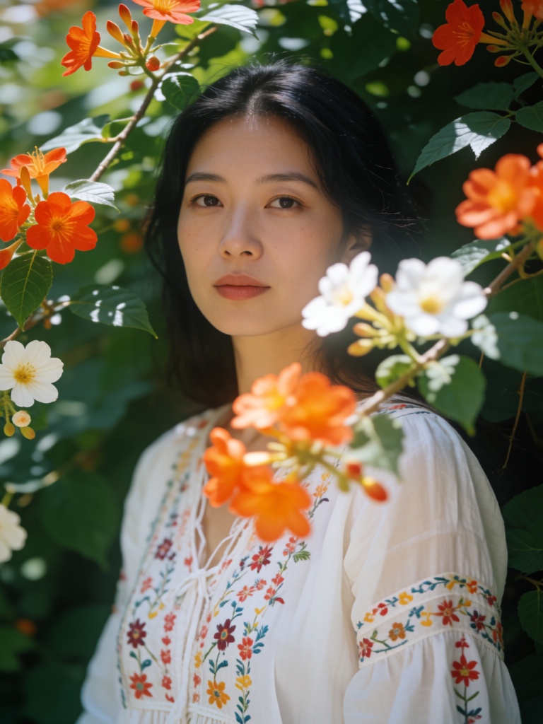 A East Asian woman stands amidst lush,  green foliage,  framed by vibrant orange and white flowers. Her dark hair contrast...