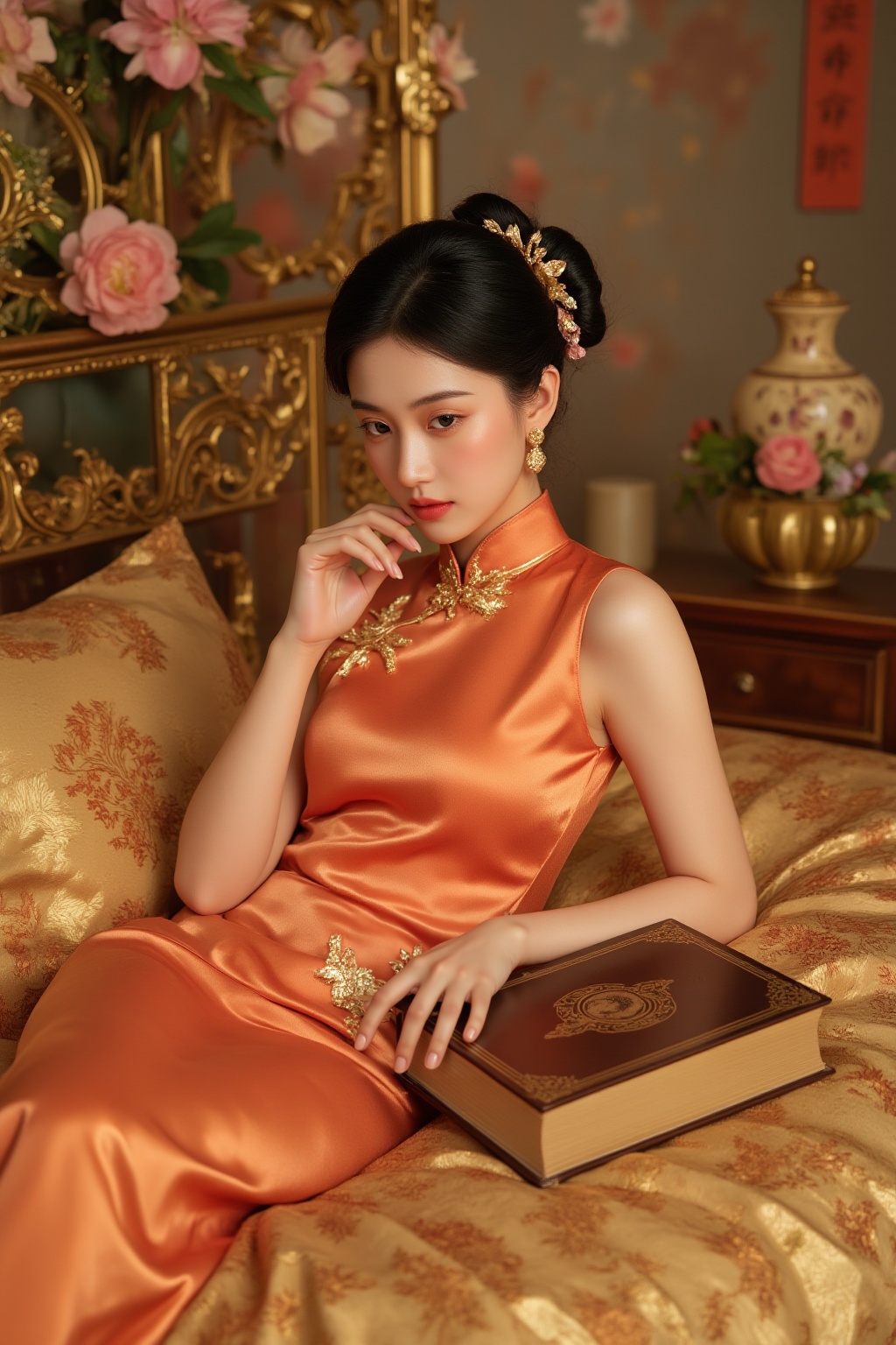 rich,<lora:rich15:0.5>,a girl niannian Photograph of an Asian woman with fair skin and black hair styled in an elaborate updo,wearing an orange silk gown with gold accents,reclining on a golden bed with floral patterns. The background features ornate golden decor,flowers,and traditional Chinese elements.,girl's hand with a vintage book,<lora:《MAJICFLUS_麦橘超国风旗袍》_极具古典美的旗袍美人_V1.0:0.6>,qipao,