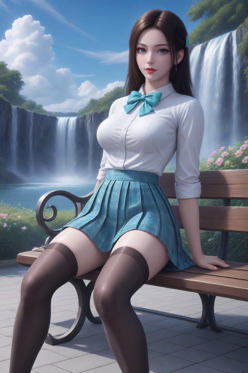 <lora:nalanyanran_v2:0.4>,nalanyanran,1girl,flower,solo,medium breasts,lipstick,(white shirt,turquoise bow,bowtie,turquoise skirt,plaid skirt,red pleated skirt,),shiny legwear,black_loafers,looking at viewer,dynamic pose,leaning back,arm support,(outdoors,day,waterfall,sky,cloud,park,park bench,lamppost,),masterpiece,highres,absurdres,best quality,8K,high-res detailed,looking at viewer,dynamic pose,outdoors,wall,sky,blue sky,cloud,(black_thighhighs:1.2),