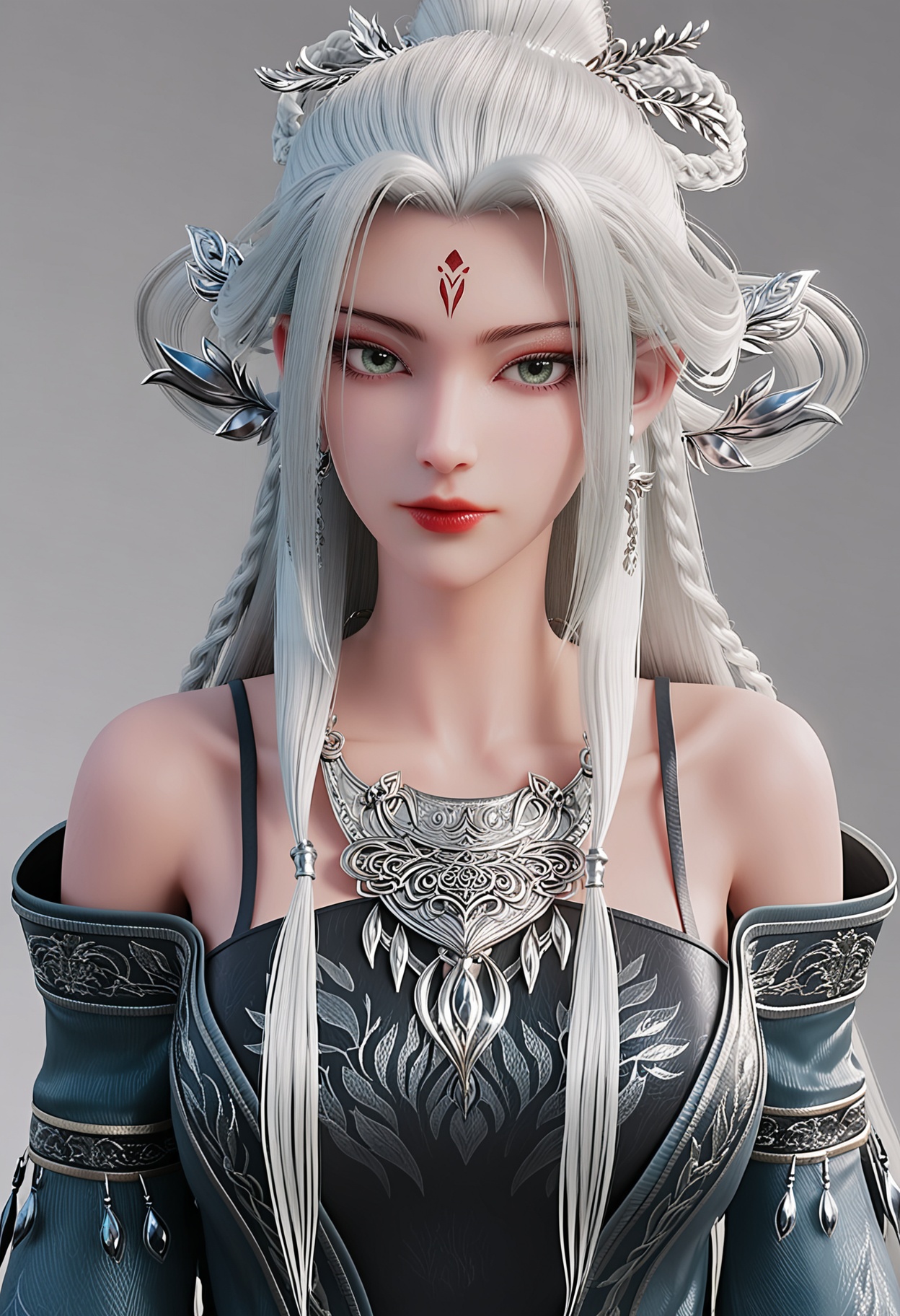 score_9,high detail,best quality,shiny skin,shiny,1girl,solo,green eyes,long hair,white hair,jewelry,white background,hair ornament,forehead mark,breasts,earrings,simple background,bare shoulders,necklace,braid,red lips,realistic,dress,makeup,closed mouth,lips,hair rings,bracelet,looking at viewer,thighs,<lora:QQSponyxiaobaiV1:0.8>,<lora:Pony_DetailV2.0:0.8>,<lora:皮肤凹痕:0.1>,