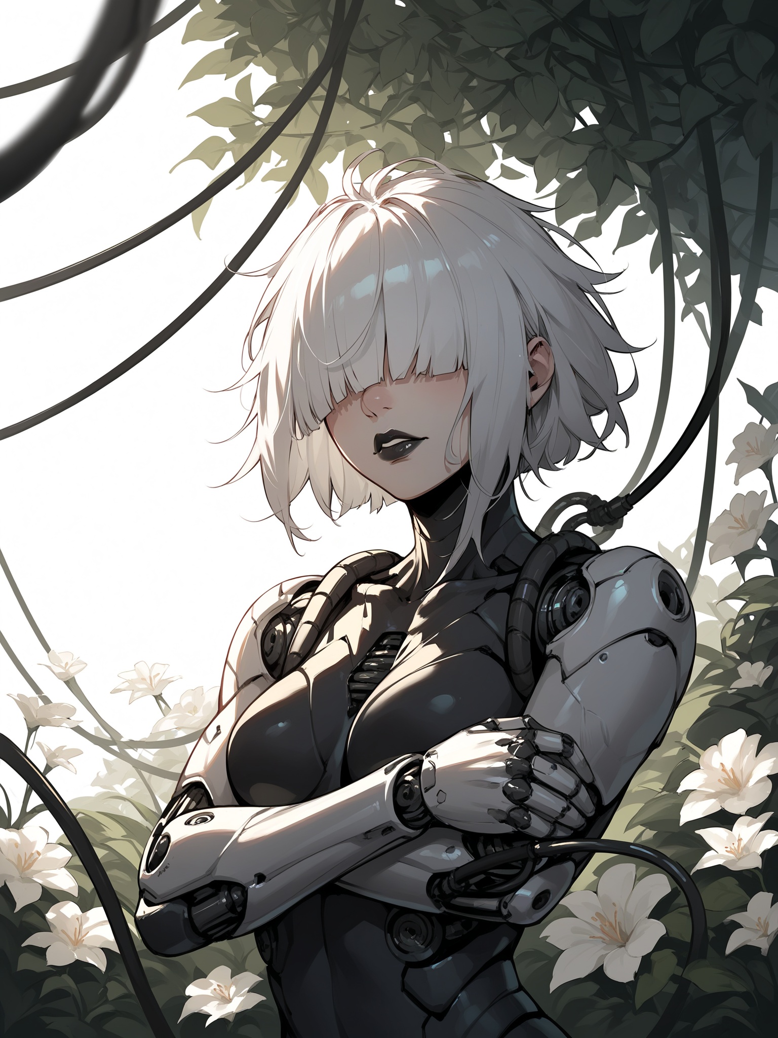 score_9, score_8_up, score_7_up, score_6_up, score_5_up, score_4_up,   1girl, flowers, cyborg, wires, broken, white hair, messy hair, hair covering eyes, hair over eyes, blunt bangs, black lipstick, robot