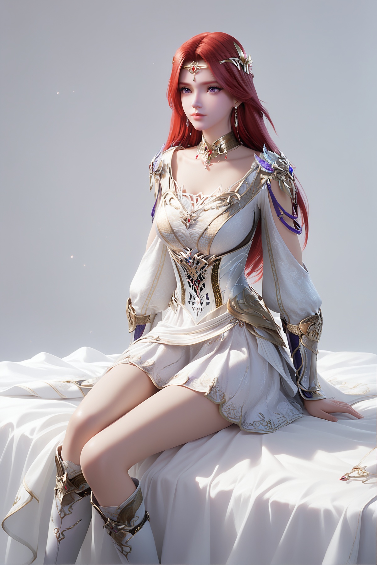 score_9,score_8_up,score_7_up,<lora:wy_fuluo_d_XL7.0:0.8>,1girl,long hair,breast,medium breast,earrings,hair_ornament,dress,red hair,purple eyes,armor,white dress,boots,simple background,sitting,bed,