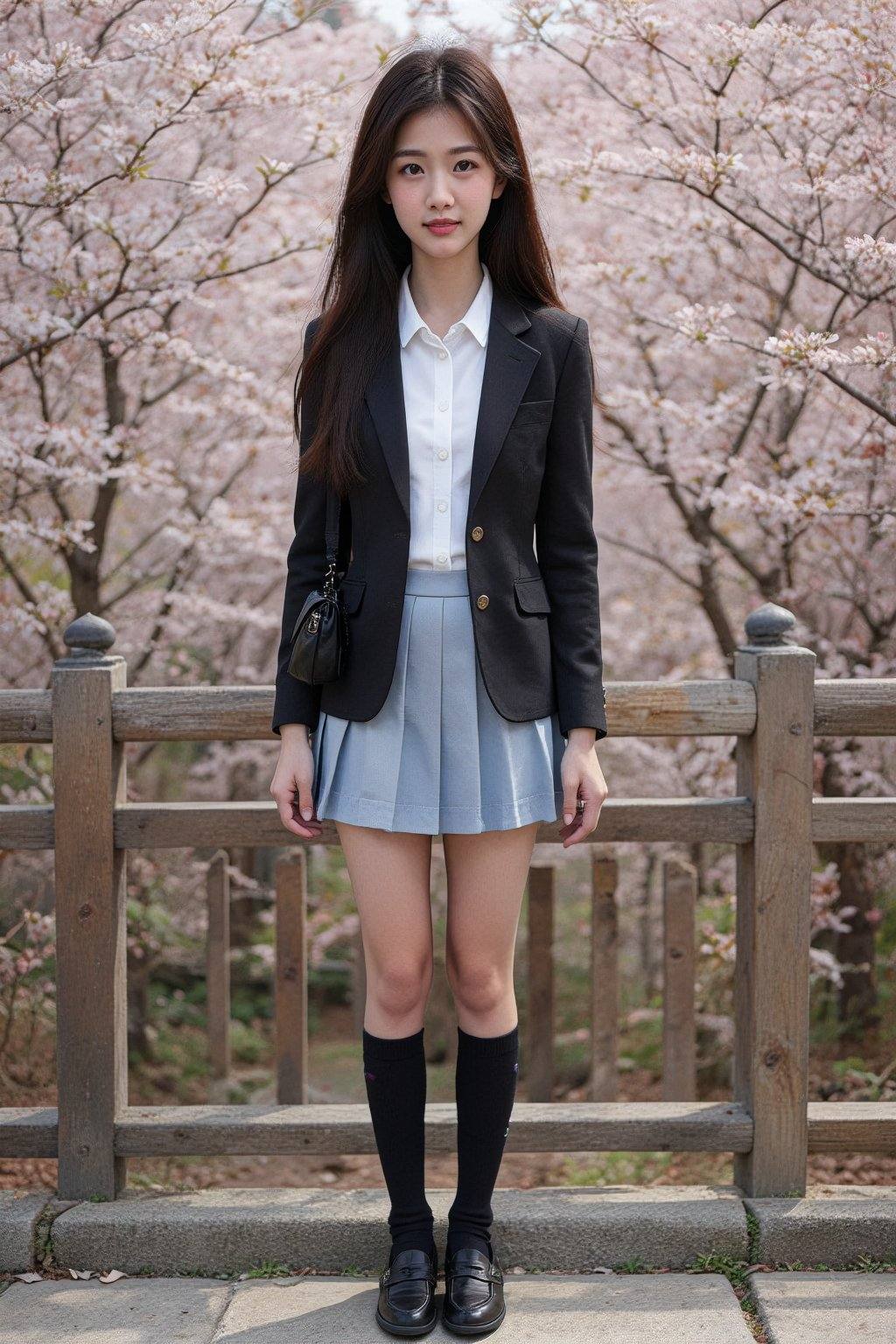 A young Asian woman,  likely in her early twenties,  stands centered in the frame. She wears a black blazer with gold butt...