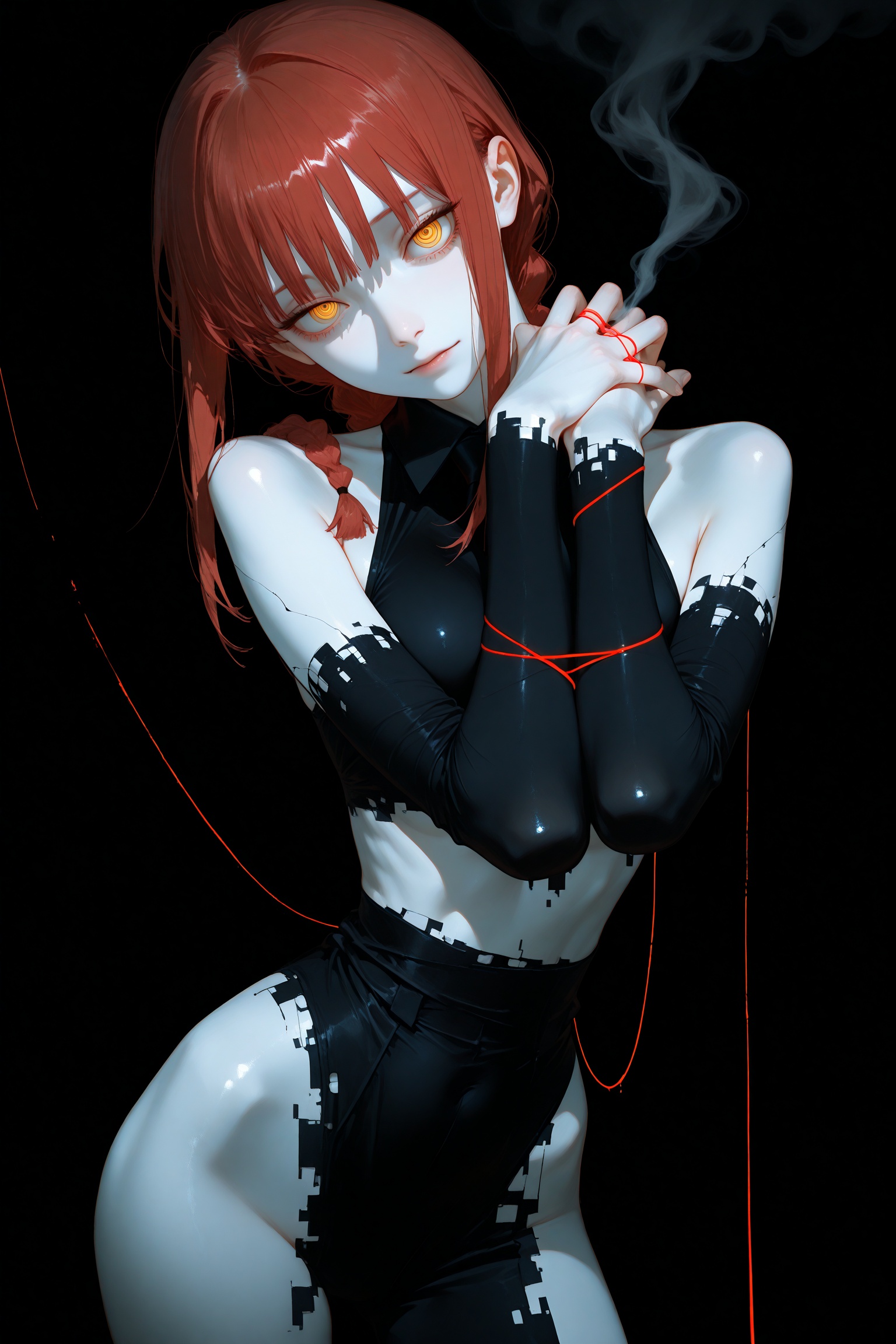 masterpiece,best quality,amazing quality,very aesthetic,absurdres,newest,ringed eyes,(texture, glowing black theme, glitch art theme, surreal, abstract:1.2),black background,simple background,cowboy shot,contrapposto,solo,1girl,makima \(chainsaw man\),yellow eyes,red hair,head tilt,smoke trail,black smoke,black fog,pale skin,(string of fate:1.2),arms around neck,open hands,hands up,narrow waist,the red thread is wrapped around the arm,