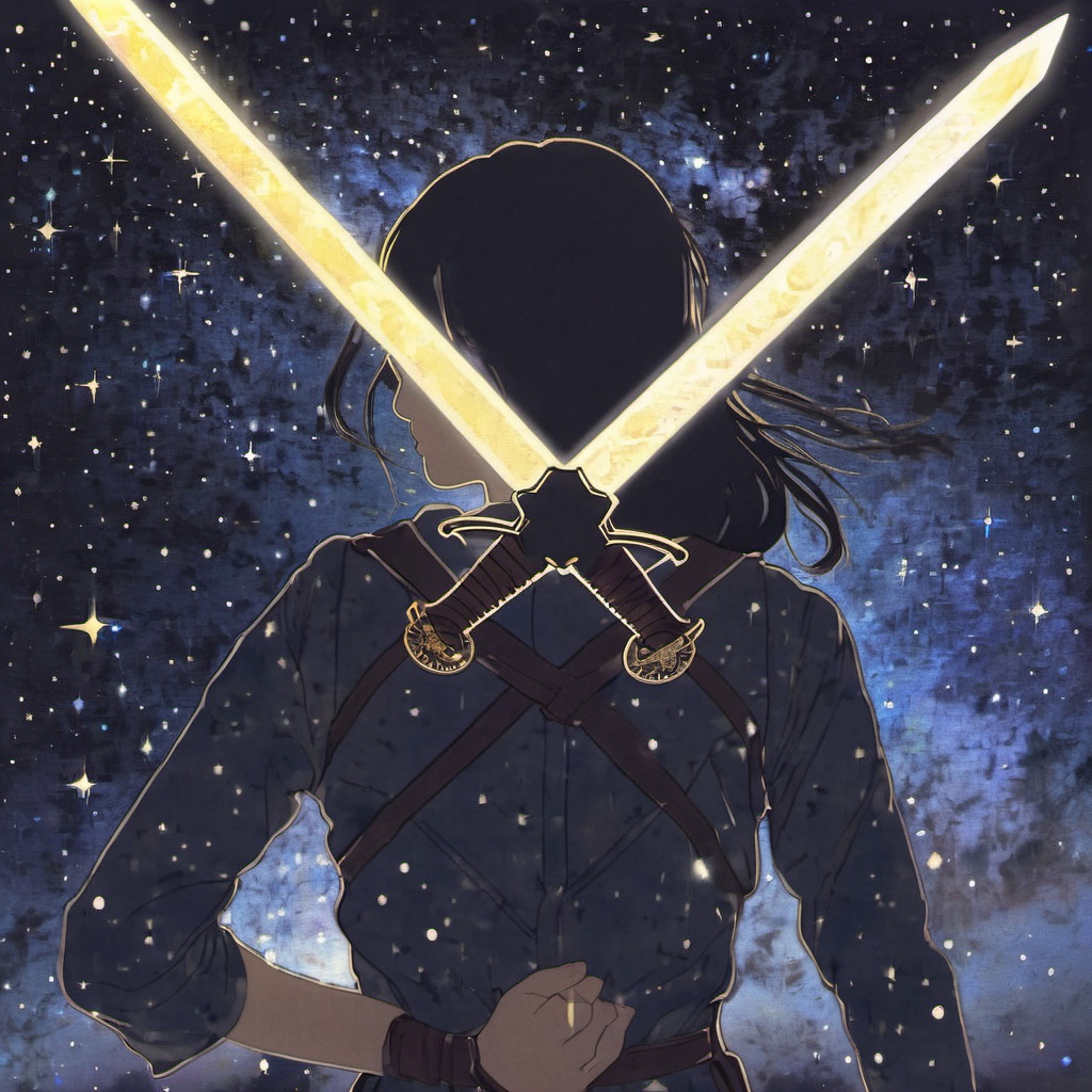 <lora:ukiyo-e_xl_v2:1>,the background is a starry night sky,a silhouette of a girl holding a sword,a brightly colored sword t which maps the starry sky and the milky way inside,halo,ethereal,