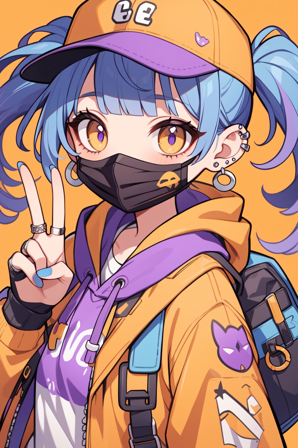 1girl,chibi,solo,twintails,jacket,hat,jewelry,mask,earrings,baseball cap,bangs,looking at viewer,v,mouth mask,gloves,orange background,blue nails,nail polish,fingerless gloves,hood,purple hair,upper body,simple background,yellow jacket,ear piercing,piercing,blue hair,belt,yellow background,long sleeves,blunt bangs,hand up,drawstring,hood down,ring,<lora:糖果森林_XL_LoRA_v1.1:1>,, masterpiece,best quality,very aesthetic,absurdres,