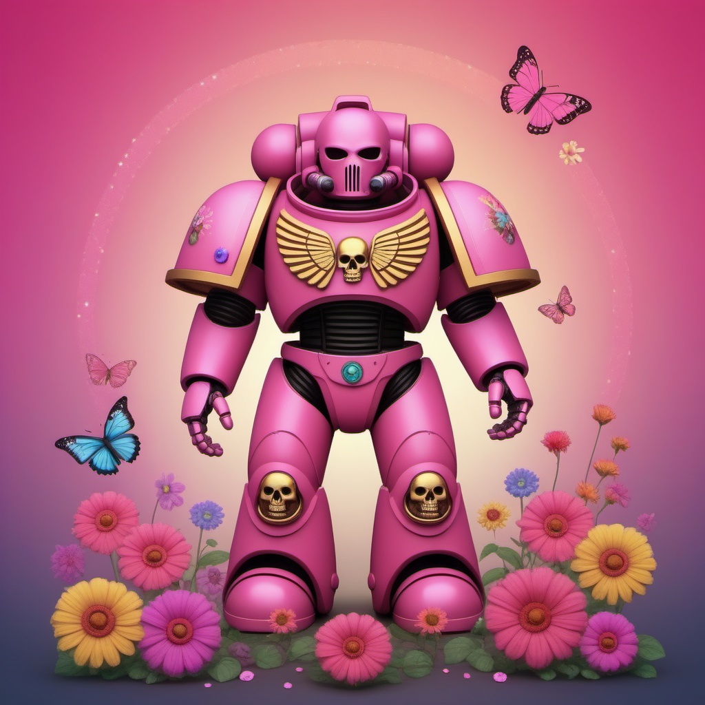 a pink spacemarine robot,  cute fantasy background,  rainbow on Tensor.Art