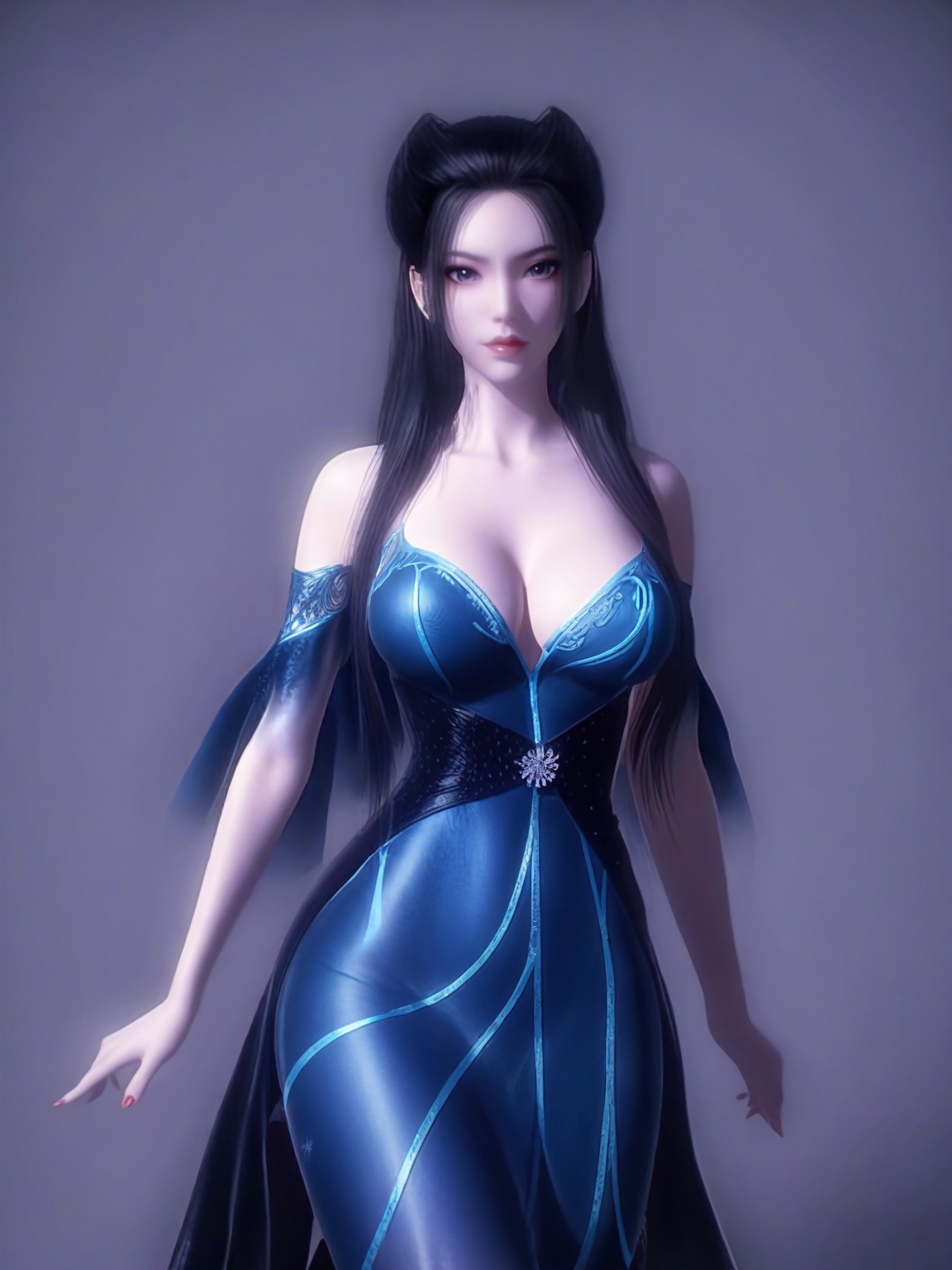 score_9,<lora:SF_YanLingJiBlueDress_Pony_Realism2.3-000004:0.7>,1girl,solo,standing,blue dress,breasts,large breasts,highleg,red lips,jewelry,raw lighting,looking at viewer,white background,simple background,