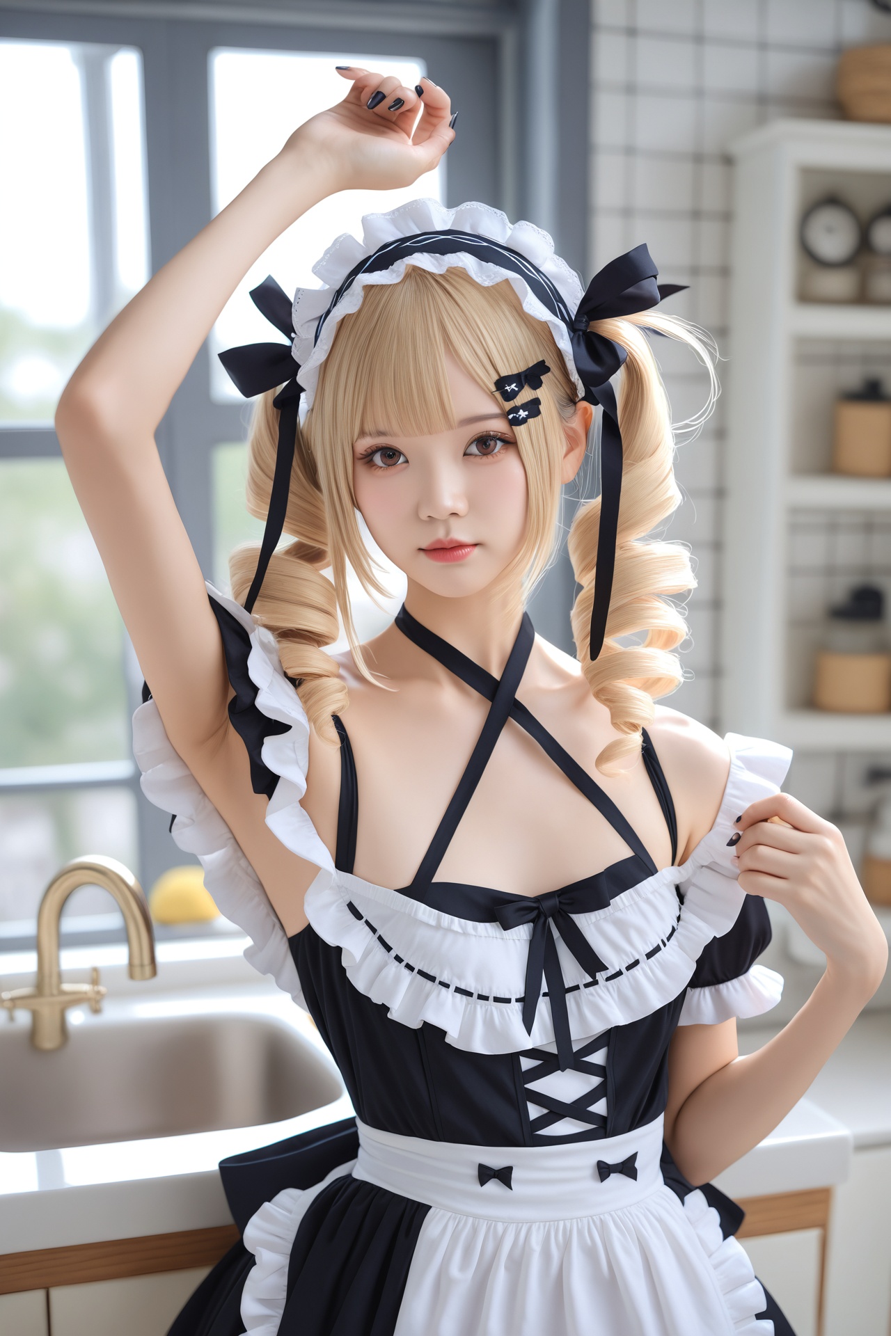 masterpiece, Realism, best quality, loli, 1girl, solo, blonde hair, realistic, indoors, drill hair, kitchen, frills, hair ornament, black dress, bare shoulders, apron, blurry, hairband, sink, looking at viewer, detached sleeves, maid headdress, maid, halterneck, lolita hairband, hairclip, twintails, blunt bangs, brown eyes, gothic lolita, ribbon, black ribbon, window, marie rose, photorealistic, bathroom, choker, lolita fashion, arm up, collarbone, hair ribbon, lips, white apron, closed mouth, scrunchie, long hair, tiles, upper body, frilled dress, criss-cross halter, frilled sleeves, tile wall, short sleeves, depth of field, nail polish, medium hair