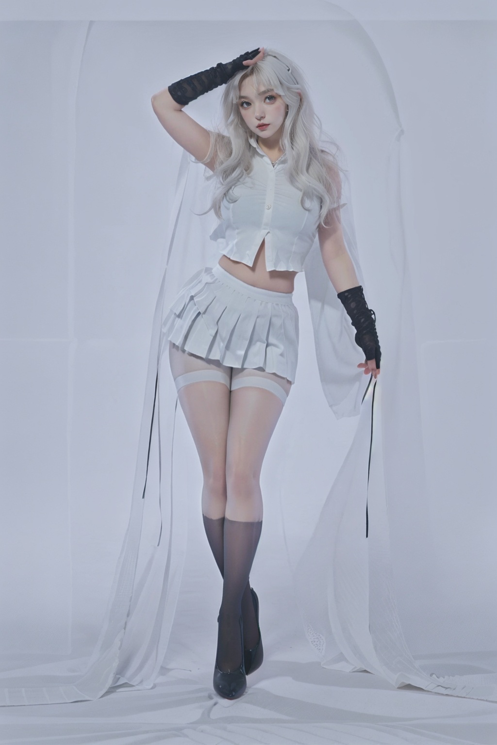 1girl,wsfz-021,(white hair:1.1),short hair,streaked hair,white blouse,(black pleated skirt:1.1),cutout above navel,(lace:1.1),simple background,stockings,huge filesize,
