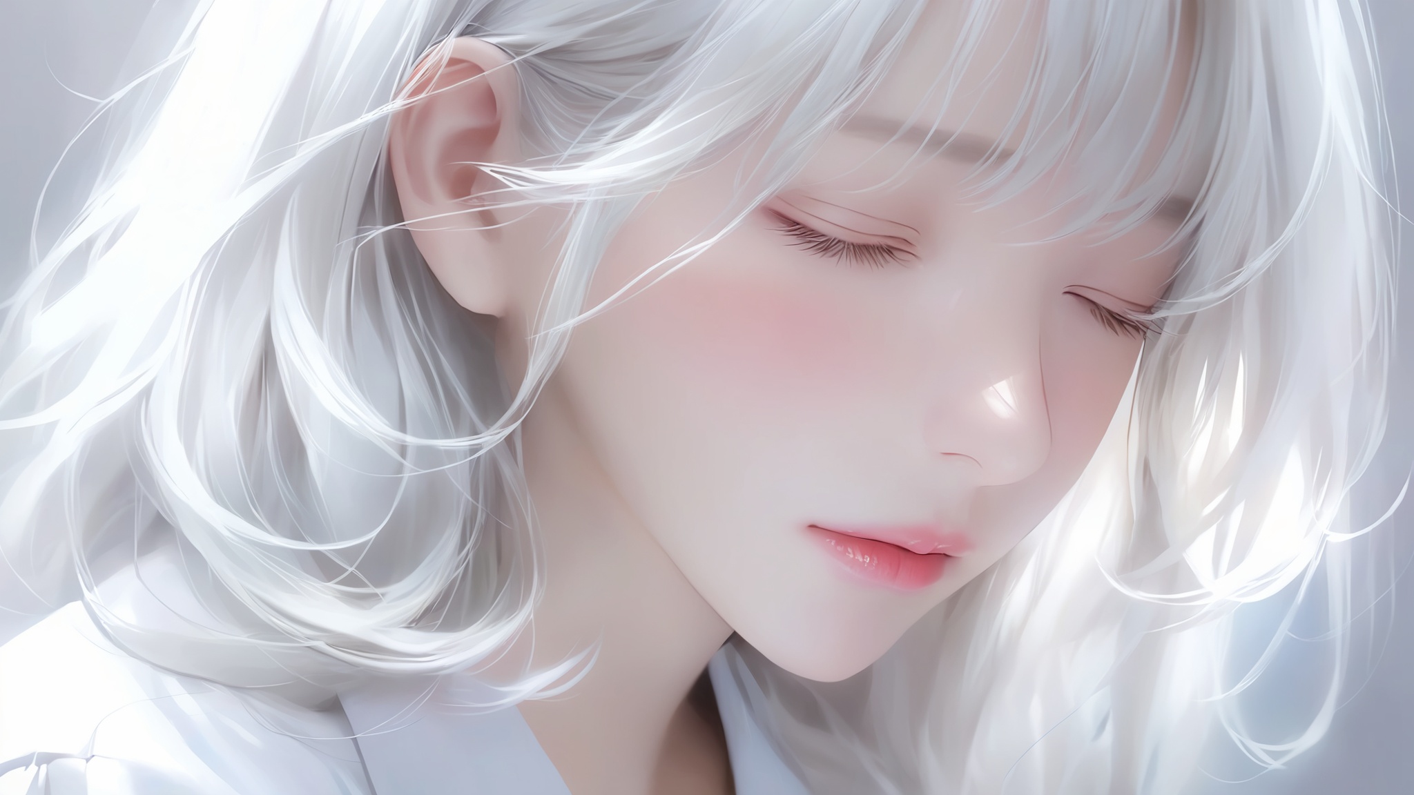 1girl, lips, realistic, solo,Silver white hair, white shirt, slightly rosy face,((open your eyes))