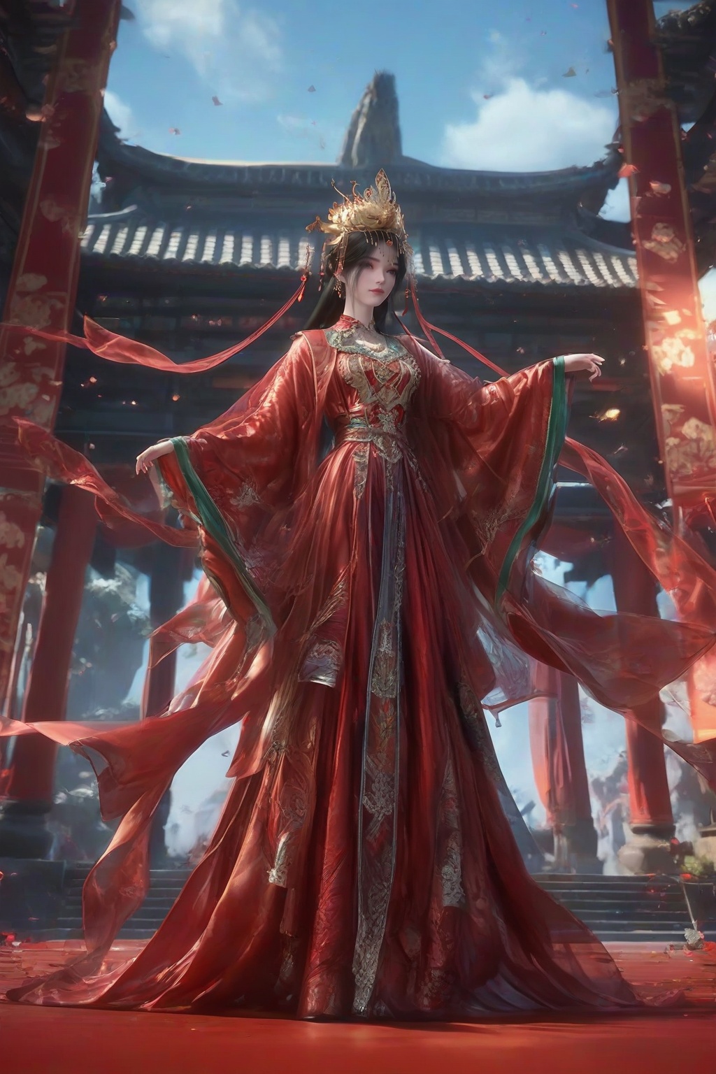 <lora:pony李慕婉婚服:0.7>,((cf)),1girl,solo,(black hair:1.4),(hair ornament:1.4),full body,(Red dress:1.4),dress,score_9,score_8_up,score_7_up,,XUER gufeng,<lora:绪儿古风XUER gufeng:0.45>,
