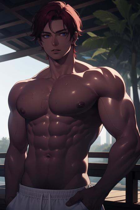 masterpiece, best quality, highres, male focus, adam's apple, semi-realistic, ikemen, (dark-skinned male),1boy, 18years old boy, shiny lips, red hair, short, light blue eyes, (topless male), poreless, sweating, masculine, manboobs, large pectorals, big biceps, narrow waist, toned abdomen, 8 pack abs, fluffy white sweatpants, outdoor room background, night, dark forest, looking at the viewer sensually, illustration, exquisite cold toned lighting, perspective view above him,<lora:darkskinnedhusbando:0.6>, <lora:flawlessHusbandoSkin:0.3>