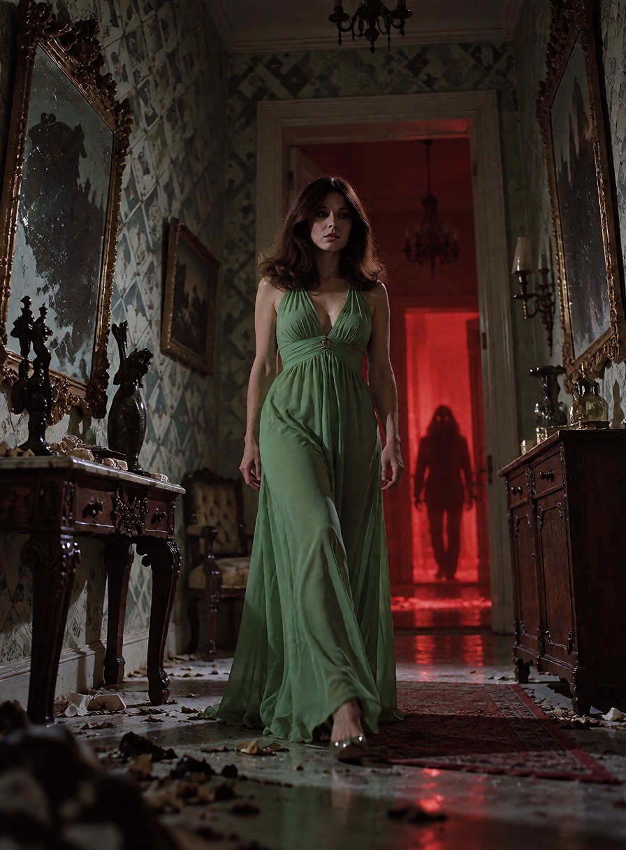 An elegant ***** Italian woman in a vivid emerald-green evening dress walks down a narrow corridor of an abandoned Art Nou...