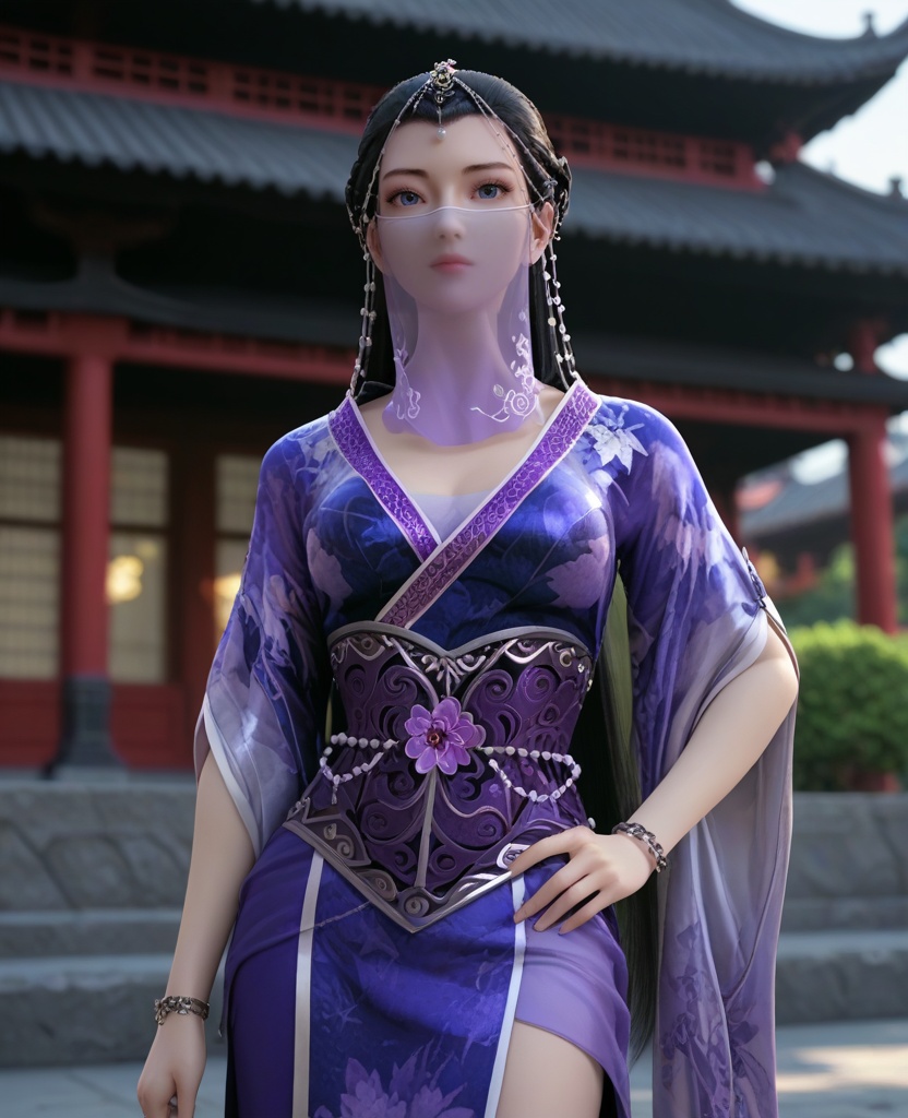 (oriental architecture, elegant decor, sophisticated style:1.1),(Standing with one hand on the hip, other arm extended forward,:1.1),(breasts:1.2),<lora:XL16墓王之王沐雪离第一版:0.95>,miss muxueli,blue violet gown with floral print,blue eyes,see-through veil,black hair,half-up crown braid with long cascading hair,head chain,sash,bracelet,, score_9,score_8_up,score_7_up,score_6_up,score_5_up,score_4_up,3d rendering,tag1,tag2, Cinematic Lighting,backlighting,