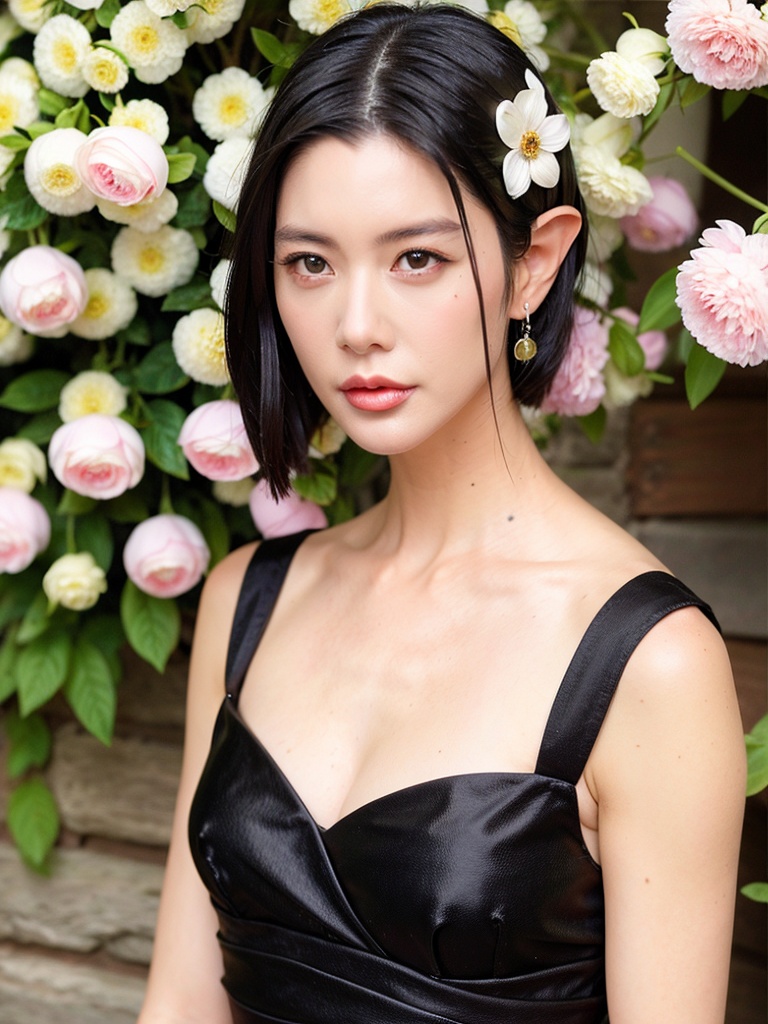 1girl, solo, black hair, short hair, jewelry, realistic, earrings, hair ornament, black eyes, lips, collarbone, parted lips, flower, watermark, upper body, portrait, hair flower, dress, web address, looking awayirt, elf,