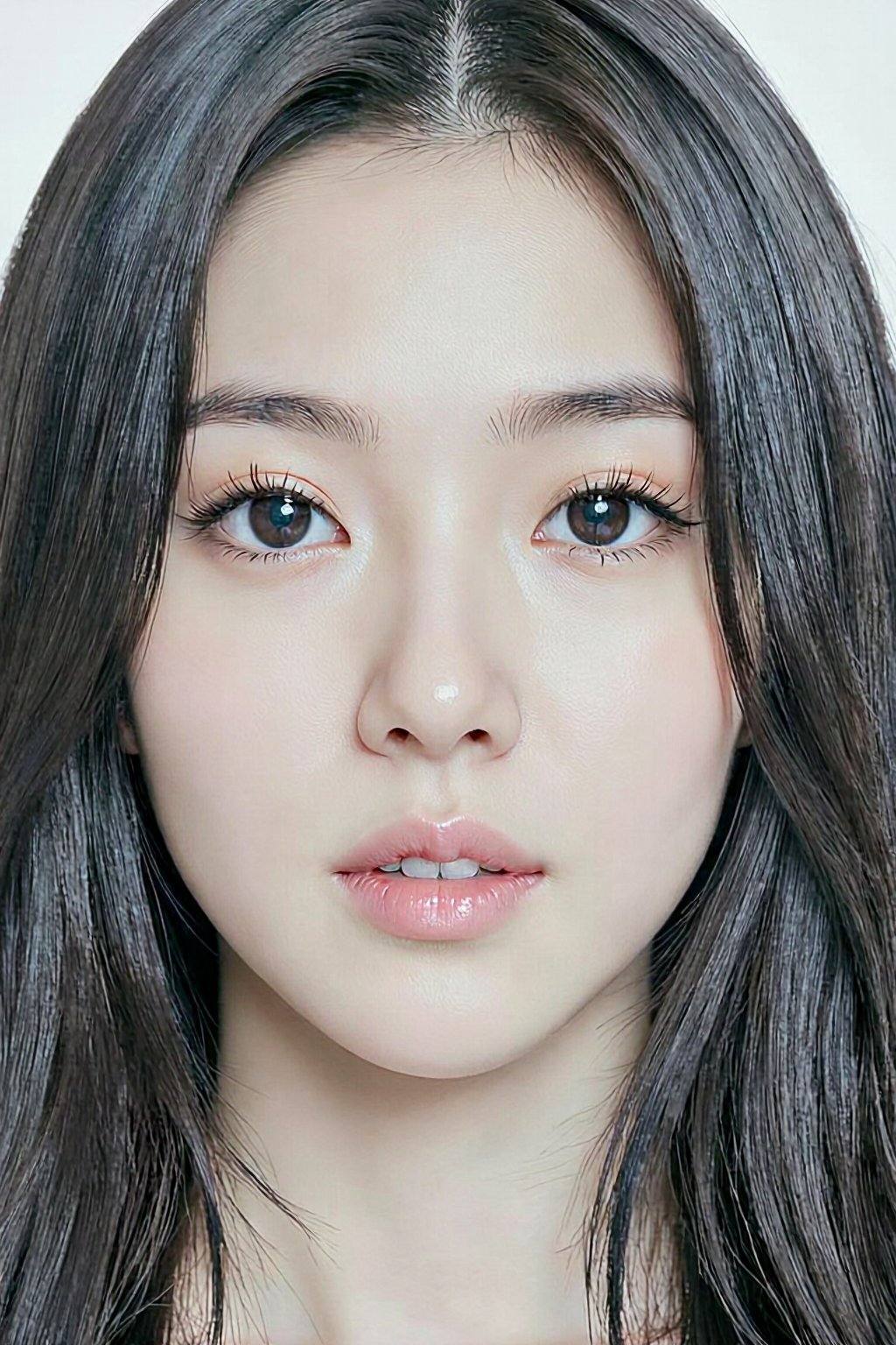This is a photograph of a young East Asian woman with long, straight black hair framing her face. She has fair skin with a smooth complexion, and her makeup is subtle, highlighting her natural beauty. Her eyes are almond-shaped with dark, well-groomed eyebrows and long, black eyelashes. Her lips are full and slightly parted, showing a natural pink hue. The background is plain white, making her facial features stand out prominently. The lighting is soft, enhancing her clear skin and giving a gentle glow to her complexion.