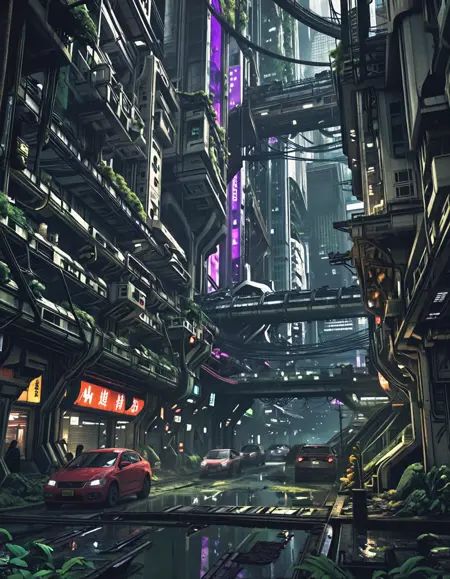 photo of sci-fi slum,  overgrown arcology,  rain-soaked street on Tensor.Art