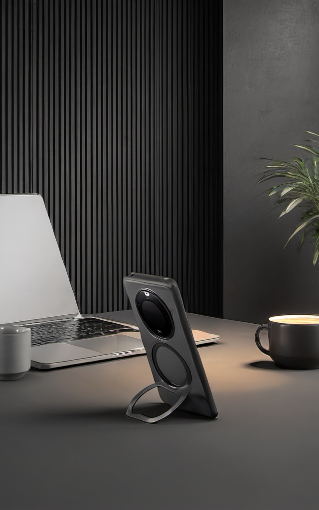 gaoji,A black phone stand,in a dark grey minimalist office environment,is placed next to a laptop and coffee cup in the style of surreal photography,in a cinematic lighting style,<lora:GJsp4-XL-000005>,