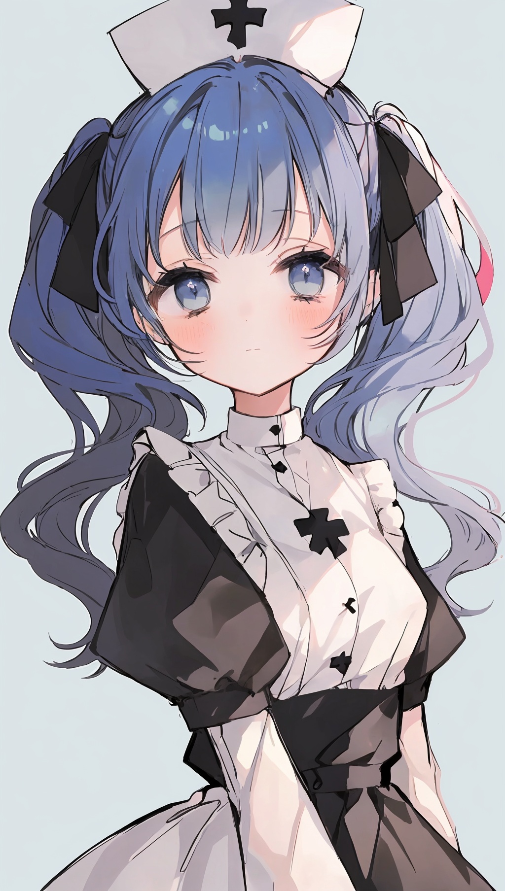 1girl,solo,nurse cap,hat,twintails,blue eyes,blue hair,blush,upper body,grey background,looking at viewer,closed mouth,bangs,puffy sleeves,dress,simple background,nurse,hair ribbon,ribbon,frills,white headwear,black dress,