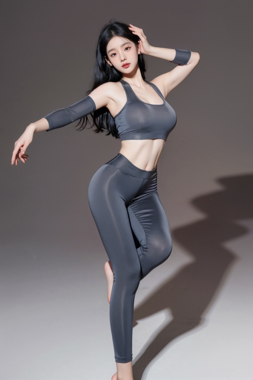 1 girl,stand,And sweating,practice yoga,grey yoga clothes,Solid color,beautiful,Large breasts,Solid color background,Fleshy,Full Body,HD resolution,rich details,rich colors,piaoliang,solo,masterpiece,rich detailsrich colors,movie light,movie lens,movie special effects,extremely detailed details,rendering,HD,UHD,8K,wallpaper,yjia,dancing,<lora:YG性感瑜伽服装0:0.75>,
