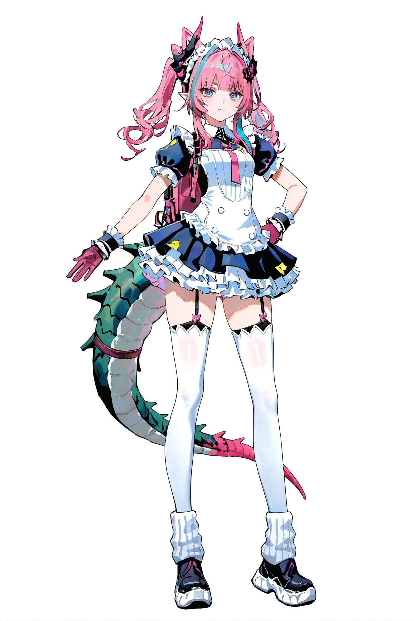 8k,best quality,masterpiece,(ultra-detailed),(high detailed skin),((artist:reoen),(artist:fuzichoco),(artist:atdan),(artist:torino_aqua),year 2024:0.8)1girl,[artist:wlop],[artist:ningen_mame],artist:ciloranko,[[artist:rhasta]],artist:tidsean,colorful,full body,full shot,standing,(solo:1.2),simple background,(white background:1.2),hand on own hip,(white background:1.1),looking at viewer,<lora:Yvonne-will-Tanger:0.8>,Yvonne \(Arknights: Endfield\),dragon girl,pink horns,green dragon tail,1girl,long hair,blue eyes,pink hair,multicolored hair,horns,pink gloves,<lora:Sunna-noob-Tanger-000014:0.8>,clothes: maid balck-and-white short dress,1girl,maidskin hair ornament,thighhighs,animal ears,short sleeves,wings,puffy sleeves,white thighhighs,wrist cuffs,maid headdress,garter straps,red backpack,
