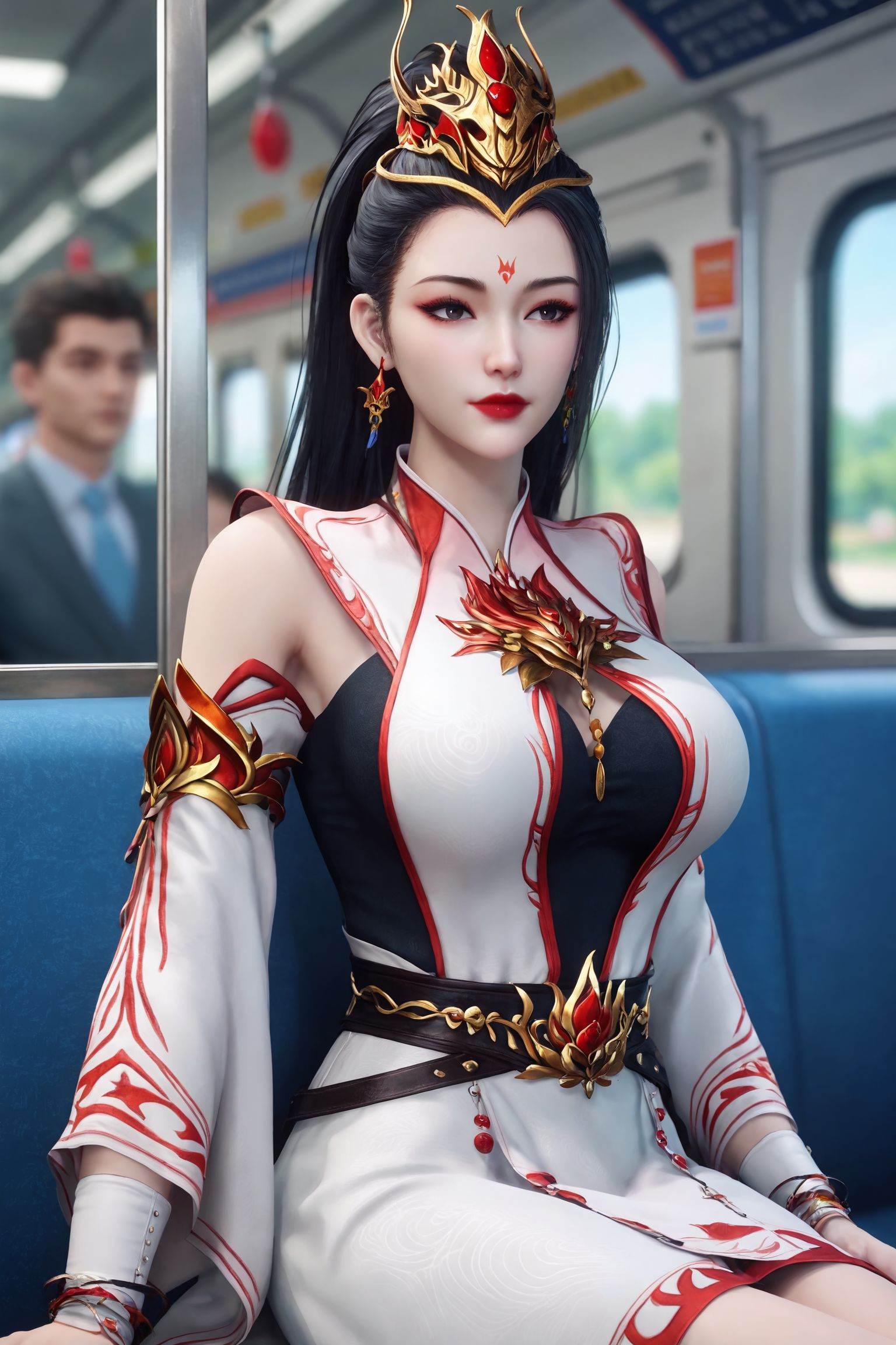 solo,1girl,fair_skin,white_skin,shiny_skin,Ivory_skin,solo focus,(perfect_face:1.2),(perfect_anatomy:1.1),(upper_body:1.2),(portrait:1.1),large breasts,sitting,(train_interior:1.1),(blurry_background:1.2),score_9,<lora:561c97:0.7>,long black hair,golden crown,white dress  adorned with gold and red accents,red flower forehead,