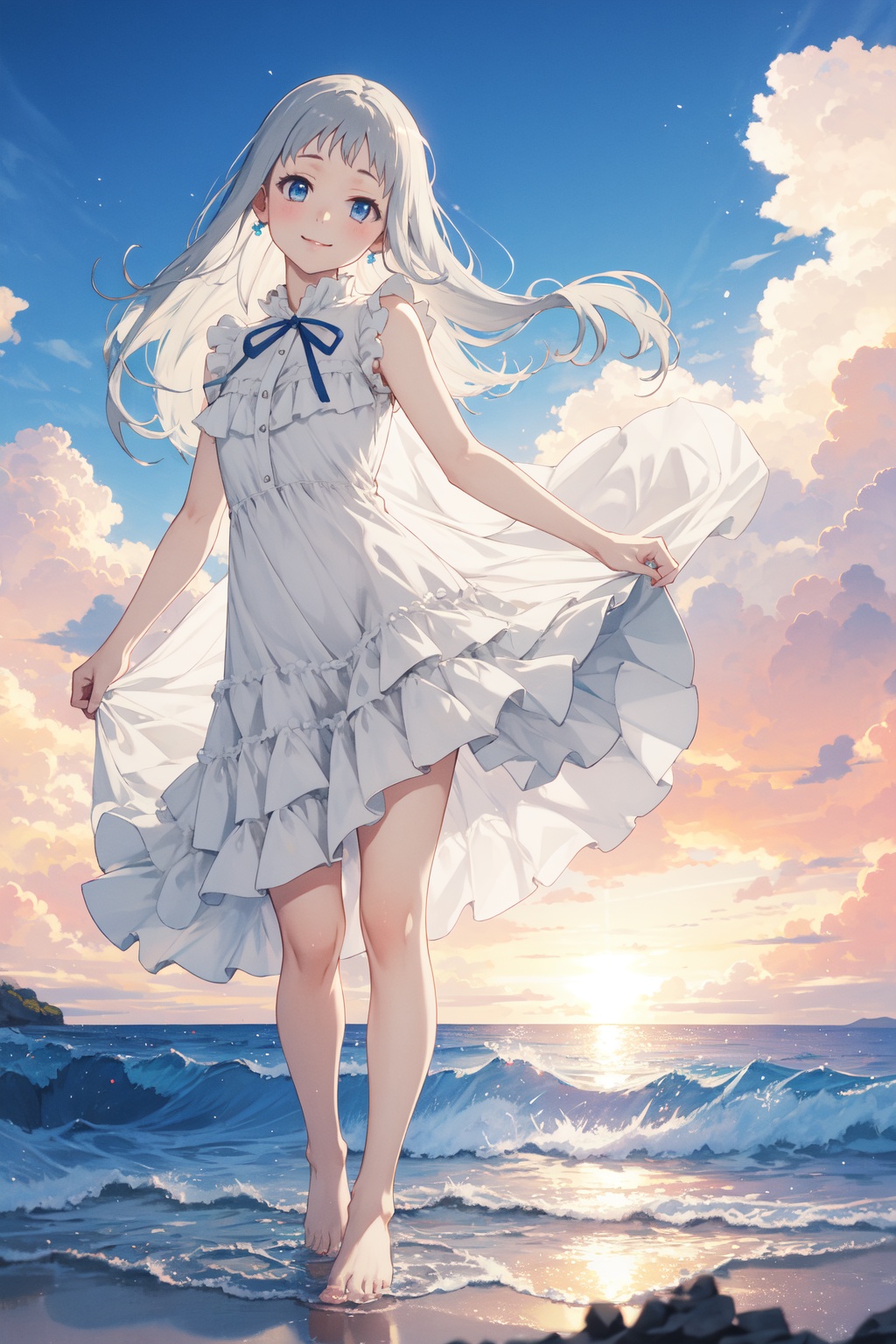 <lora:Menma-000015:0.9>,Menma CYQL,1girl,looking at viewer,solo,long hair,grey hair,blue eyes,smile,dress,ribbon,sleeveless,sleeveless dress,white dress,barefoot,full body,standing,frills,bust,Coral, Fish, Seaweed, Sunlight, Clear water, Diverse marine life, Colorful, Serenity,(Cherry blossoms, Garden path, Dawn light, Sakura petals, Tranquil setting, Japanese elegance:0.5),beautiful detailed sky,beautiful detailed glow,posing in front of a colorful and dynamic background,masterpiece,best quality,beautiful and aesthetic,contrapposto,female focus,wallpaper,