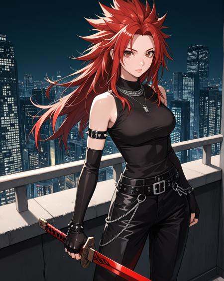 masterpiece, best quality, very aesthetic, newest, absurdres, 1girl, red hair, long hair, spiked hair, brown eyes, fingerless elbow gloves, black pants sleeveless, black shirt, necklace, city background, holding sword