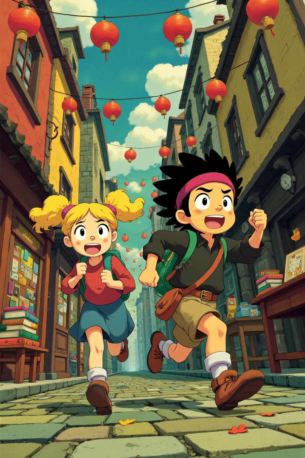 beijihui,An animated cartoon image of a girl and a boy running on a cobblestone street. The girl is wearing a red shirt, blue skirt, and brown boots. The boy has black hair and a red headband on his head. He is also wearing a black shirt, brown belt, and white socks. His arms are out to his sides and he is running towards the right side of the image. His eyes are open and he has a smile on his face. He has a brown belt around his waist. His boots are brown and his socks are purple. To the right of the girl, the girl has blonde hair, and she has a green backpack on her back. There are red lanterns in the sky above the girl and the boy. There is a wooden table to the left of the boy with books on it.