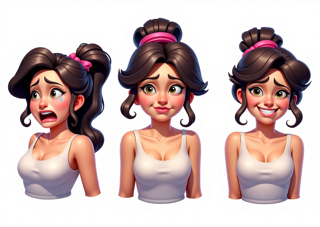 XJrole,XJrole,European and American cartoon style. A set of triplet girls,one crying sadly,one laughing happily,and one with an angry expression,bust,front view.,