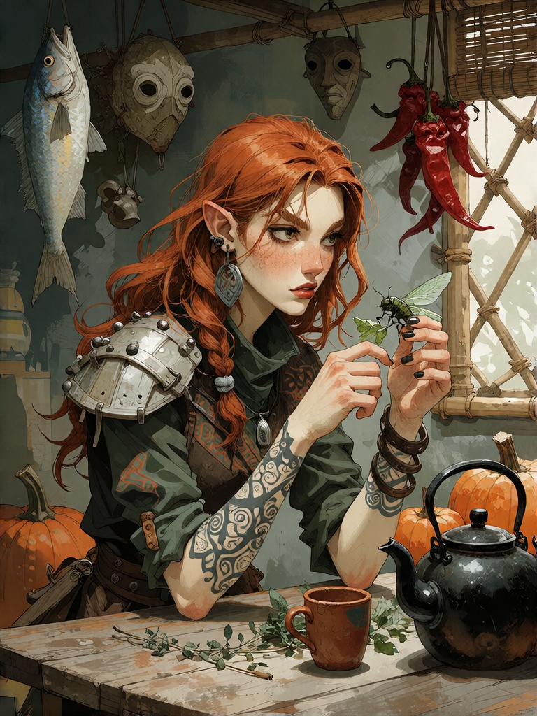 Here's the final promptBradhamel art style,  detailed digital illustration of a young woman with long,  vibrant red hair a...