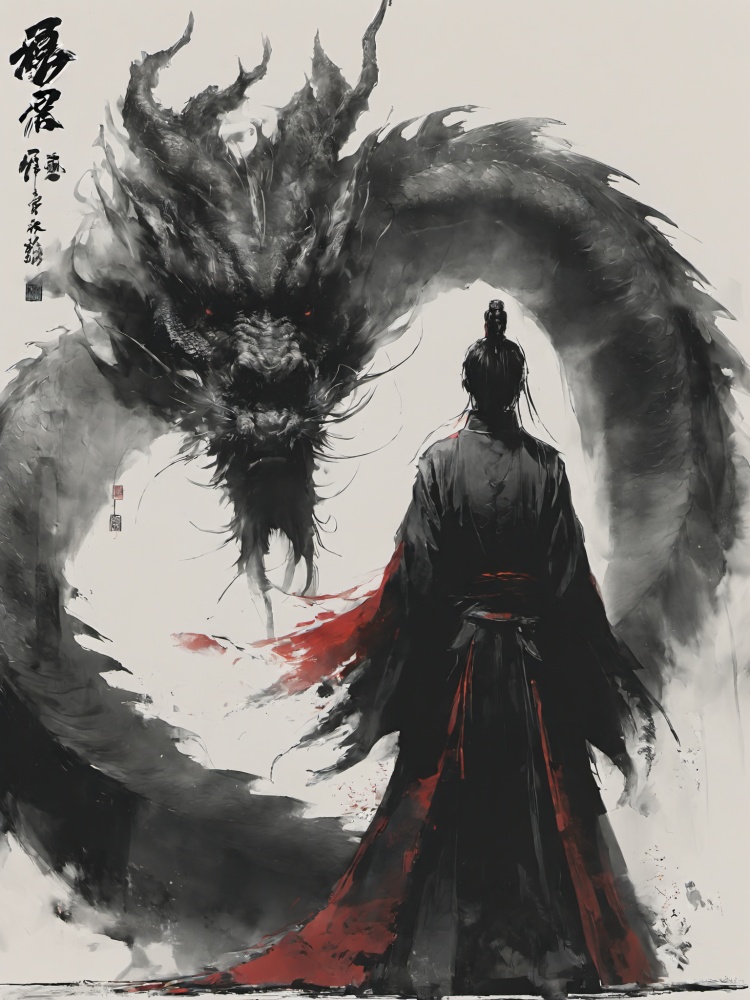 ananmo, dragon, sharp teeth, eastern dragon, 1boy, single hair bun, teeth, standing, monster, solo, horns, male focus, hair bun, monochrome, robe, from behind, size difference, open mouth, claws, spot color