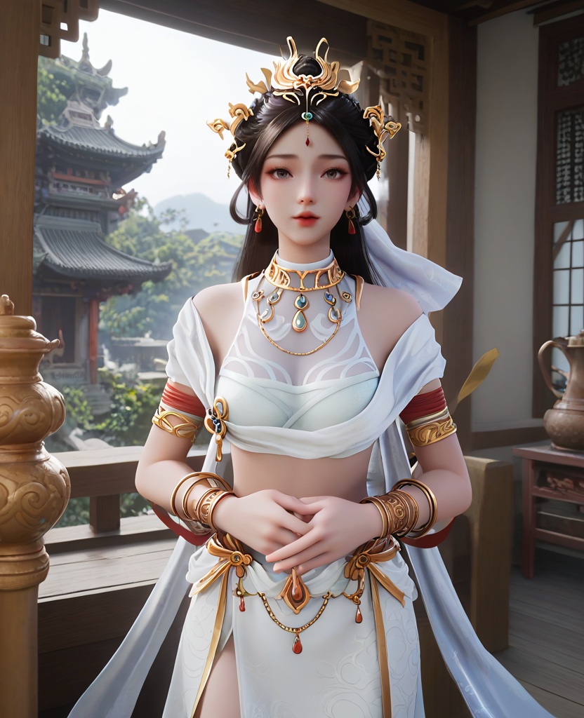 (oriental architecture, elegant decor, sophisticated style:1.1),(Standing near a window, with a cup of coffee, enjoying a peaceful and quiet morning,:1.1),(breasts:1.2),<lora:XL16遮天瑶池圣女:0.95>,miss yaochi,sarashi,cleavage mesh,choker,white wrap skirt,silk shawl,grey eyes,black hair,long hair,hair ornament,jewelry,earrings,forehead pendan,armlet,bracelet,white headscarf,, score_9,score_8_up,score_7_up,score_6_up,score_5_up,score_4_up,3d rendering,tag1,tag2, Cinematic Lighting,backlighting,