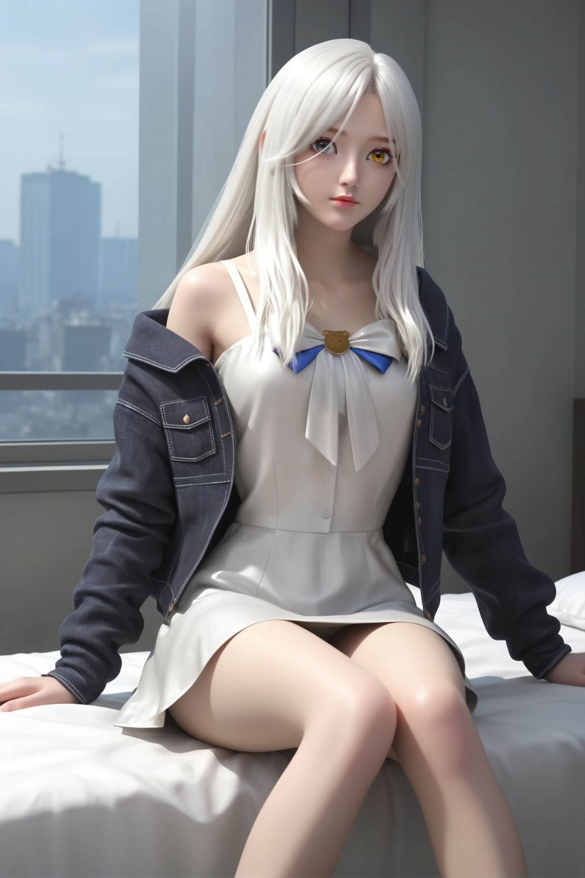 score_9,score_8_up,score_7_up,wetting,dark,1girl,long hair,dress,<lora:wy_meimei_XL7.0:0.7>,heterochromia,yellow eyes,grey eyes,white hair,sitting,jacket,thick_thighs,bed,