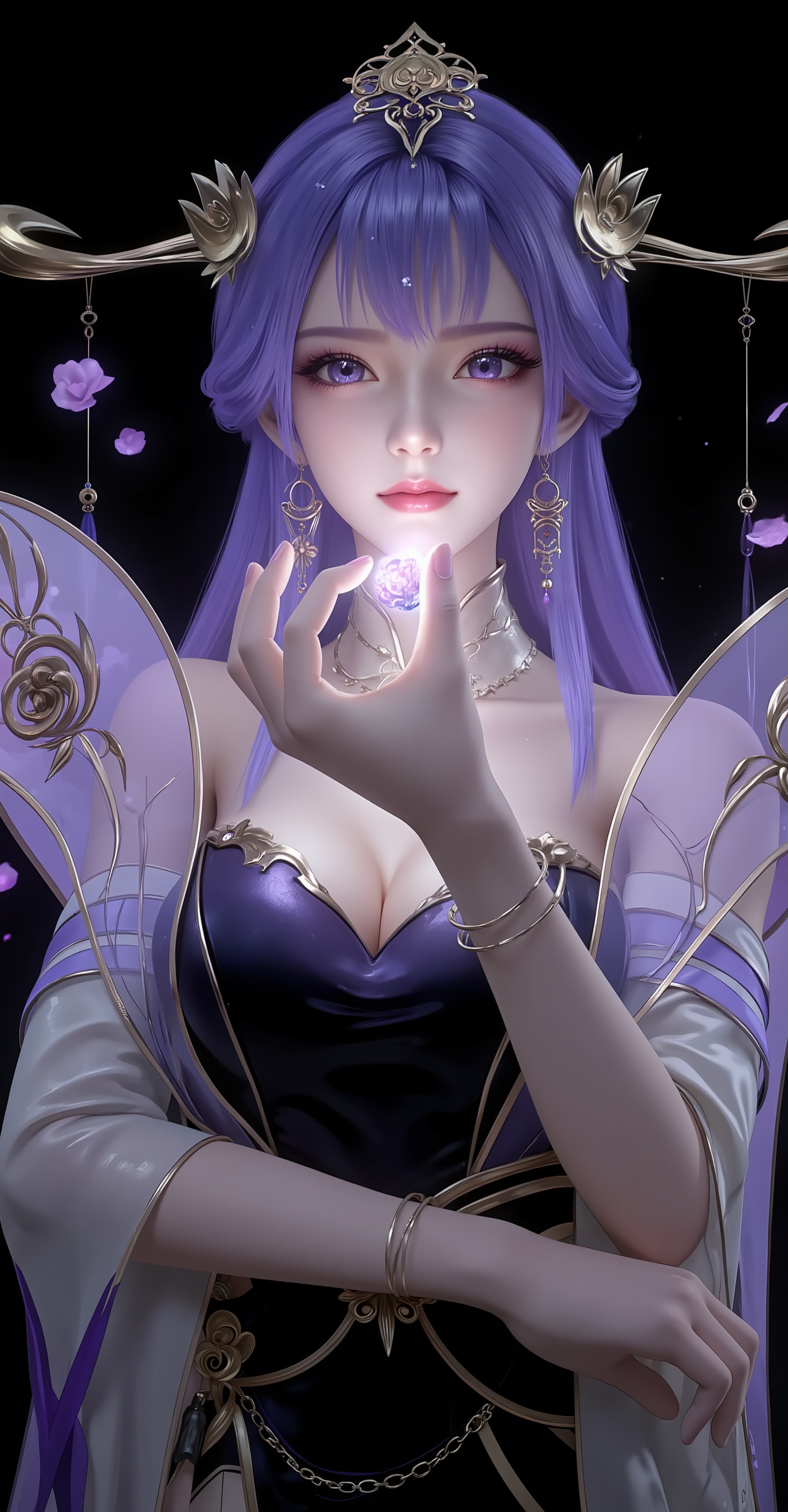 <lora:天穹·8:1.1>,tianqiong,1girl,dress,solo,purple hair,purple eyes,hair ornament,long hair,bare shoulders,upper_body,breasts,standing,black_background,flowers background,cover,gradient background,close-up details,outstanding style,adding a touch of dimension to your images without compromising details,close-up,<lora:DJ滤镜_2.5D版:0.3>,lvjing,<lora:油画唯美滤镜15:0.2>,baoshi,