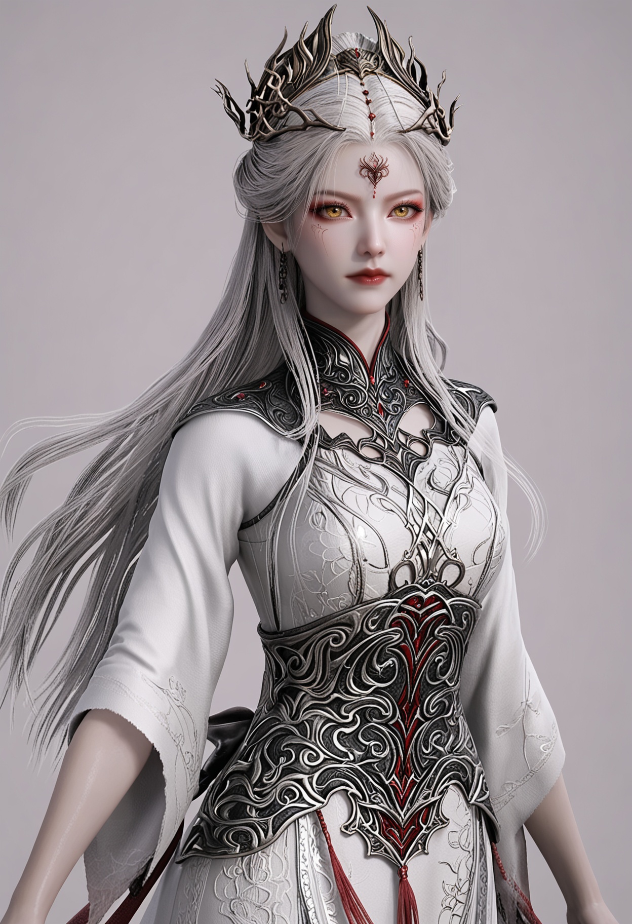 score_9,high detail,best quality,shiny skin,shiny,asxieshen,1girl,solo,yellow eyes,long hair,white hair,white background,realistic,closed mouth,jewelry,dress,hair ornament,earrings,simple background,facial mark,forehead mark,white dress,makeup,wide sleeves,red lips,looking at viewer,thighs,<lora:QQSponyasxieshenV1:0.8>,<lora:Pony_DetailV2.0:0.8>,<lora:皮肤凹痕:0.1>,