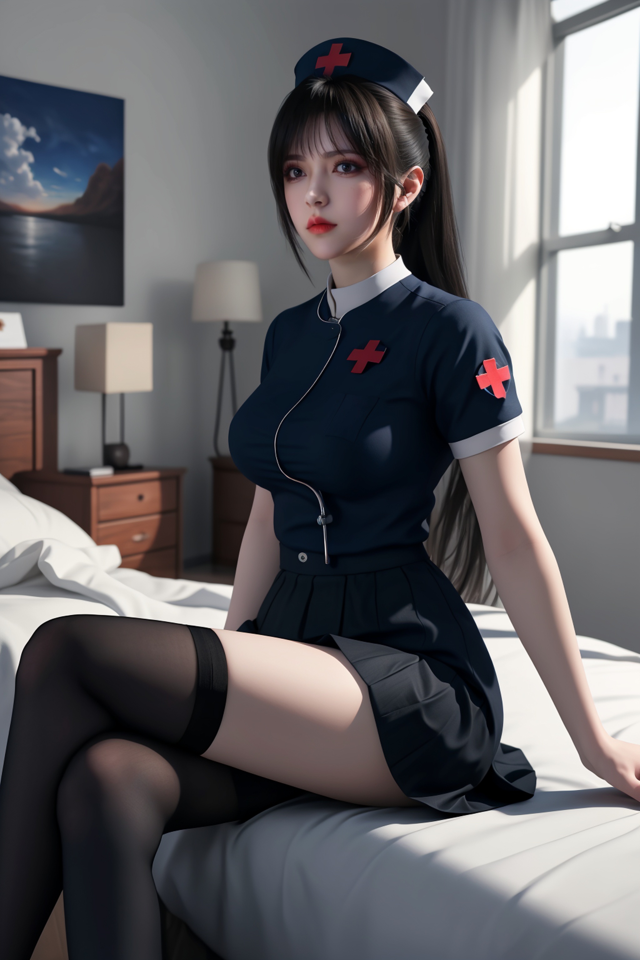 HDR,UHD,8K,best quality,highres,absurdres,masterpiece,Highly detailed,ultra-fine painting,physically-based rendering,1girl,solo,long hair,sky,(skirt),sitting,room,black stockings,((nurse)),<lora:qilin-1212-000010:0.65>,