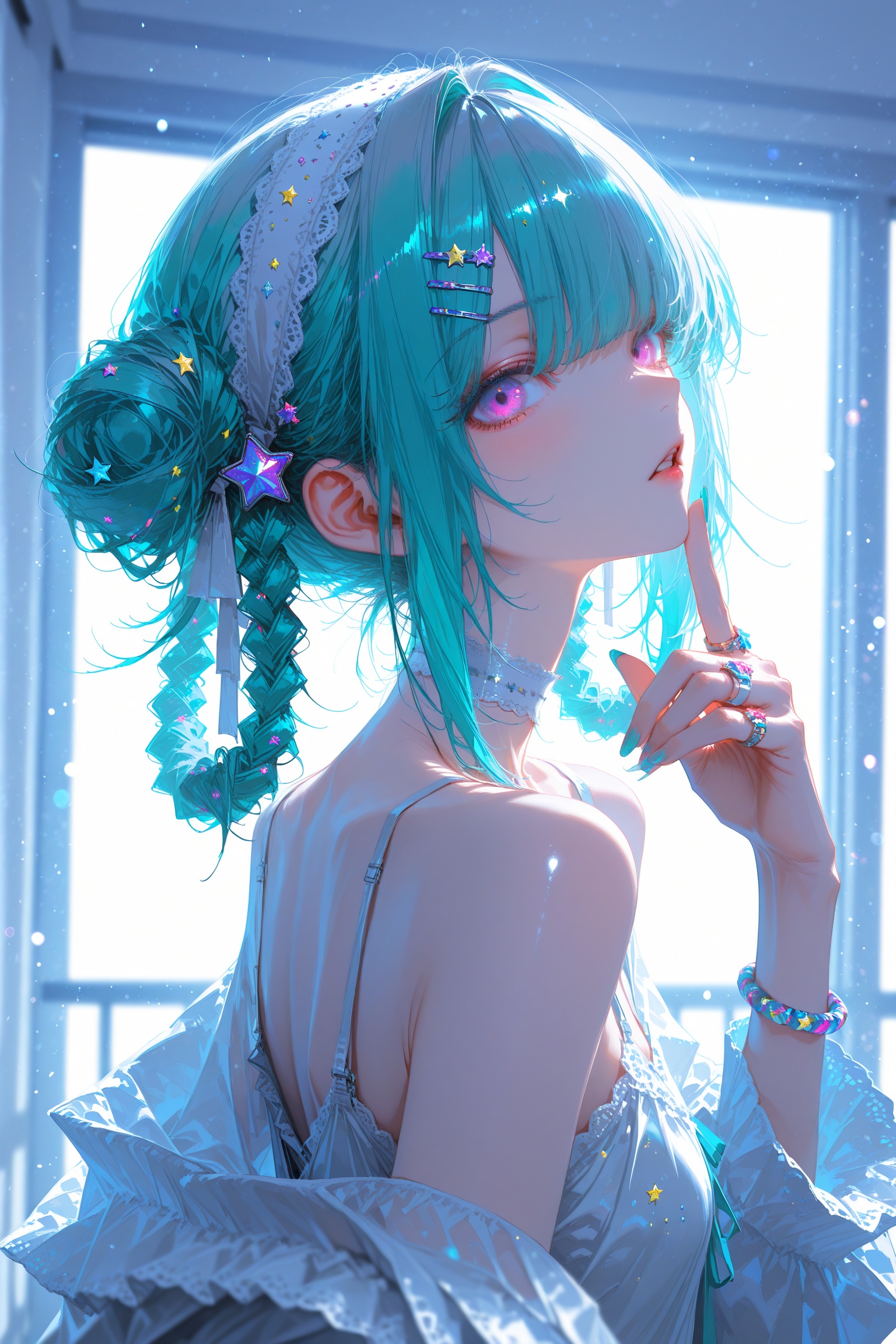 1girl,solo,long hair,looking at viewer,bangs,hair ornament,jewelry,purple eyes,braid,twintails,multicolored hair,choker,hairclip,pink eyes,off shoulder,star \(symbol\),nail polish,bracelet,aqua hair,ring,hair rings,star hair ornament,short hair,bangs,hair ornament,dress,bare shoulders,upper body,hairband,parted lips,looking back,hair bun,official alternate costume,backlighting,blue and white theme,depth of field,cinematic lighting,light particles,lens flare,(artist:quasarcake:0.8),extreme aesthetic,(wlop:0.6),masterpiece,best quality,good quality,newest,year 2024,year 2023,very aesthetic,absurdres,Visual impact,A shot with tension,ultra-high resolution,32K UHD,sharp focus,best-quality,masterpiece,Emotionalization,unconventional supreme masterpiece,masterful details,temperate atmosphere,with a high-end texture,in the style of fashion photography,(Visual impact:1.2),giving the poster a dynamic and visually striking appearance,impactful picture,offcial art,colorful,splash of color,movie perspective,masterpiece,best quality,amazing quality,very aesthetic,absurdres,best quality,newest,